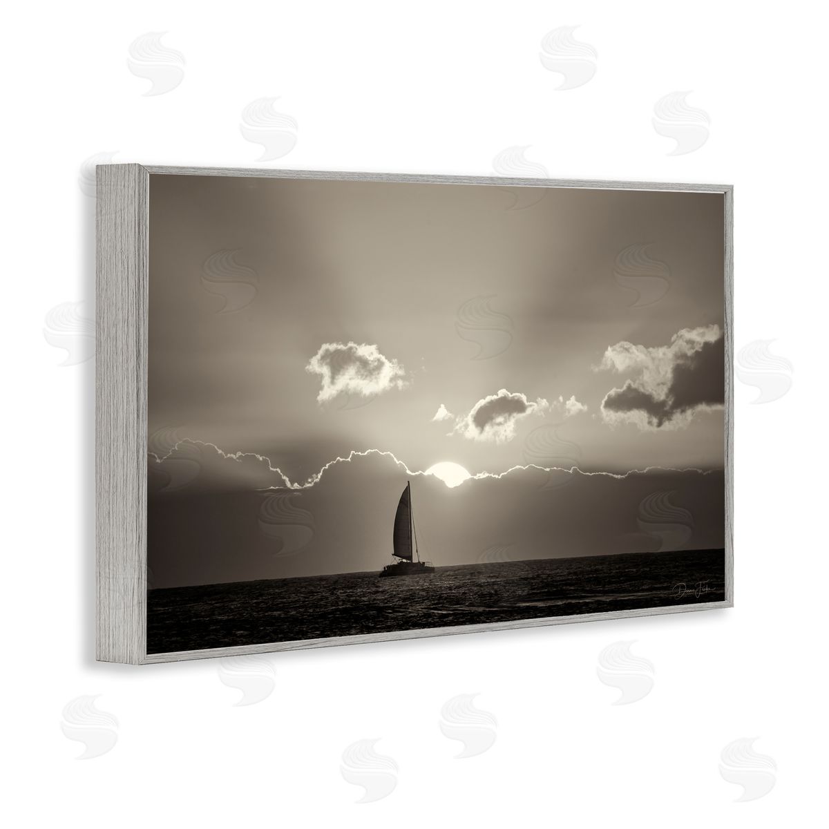 Dennis Frates Sun Peeking Over Boat Gray Framed Giclee Wall Art Print