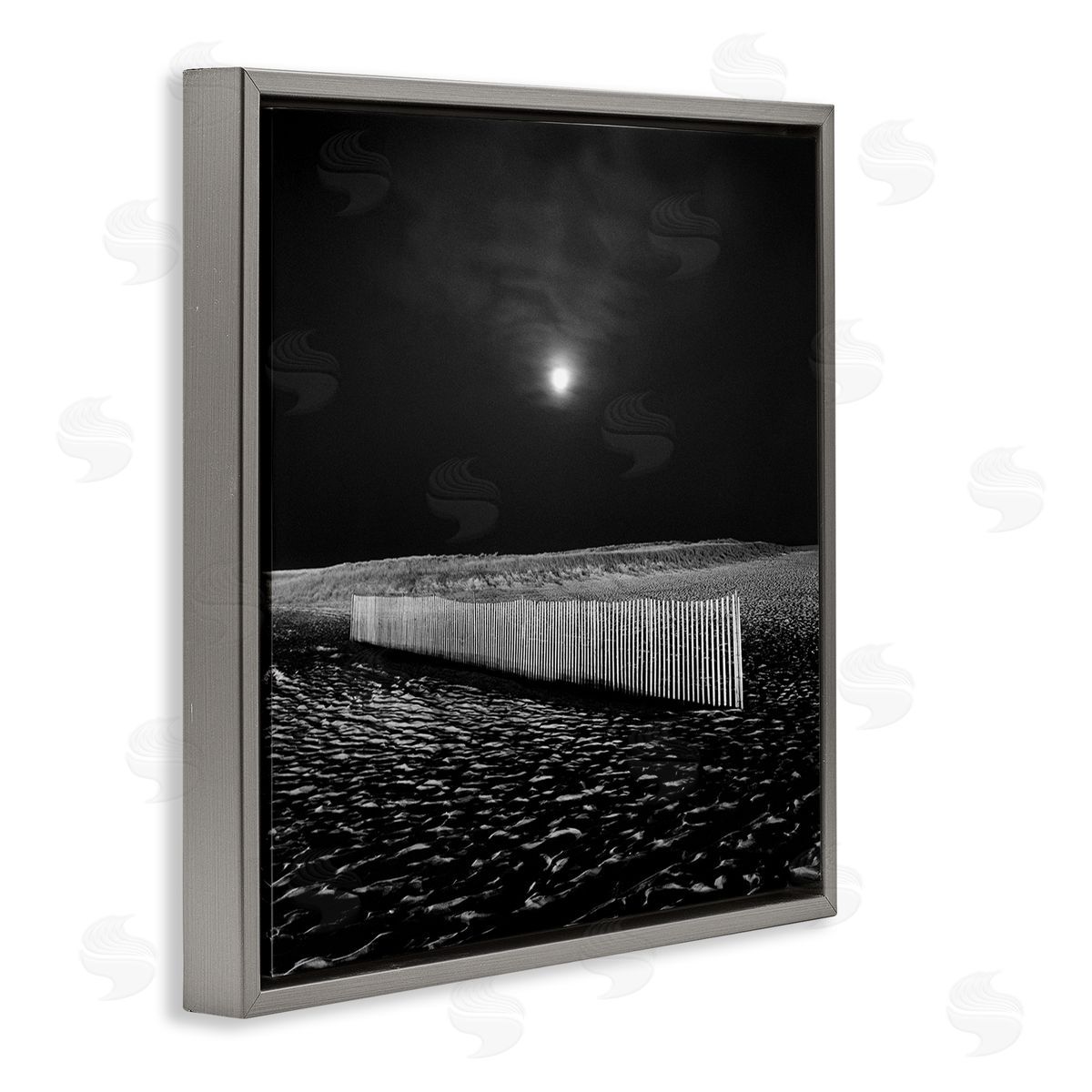 Beach Fence at Night Grey Floating Frame Canvas Wall Art, Home Decor by Chip Forelli