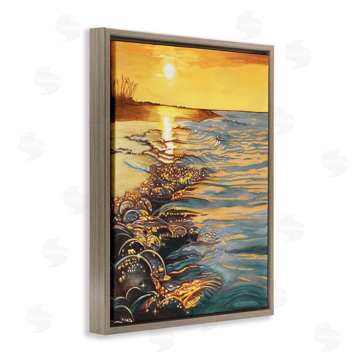 Saltwater Beach Sunset Brown Floating Frame Canvas Wall Art, Home Decor by Christine Reichow