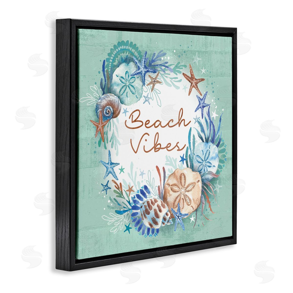 Beach Vibes and Seashells Black Floating Frame Canvas Wall Art, Home Decor by Courtney Morgenstern