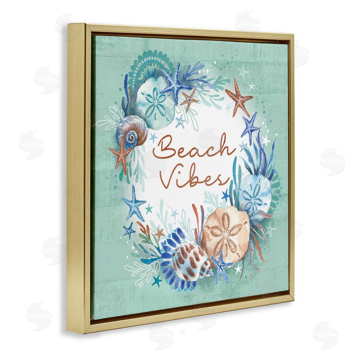 Beach Vibes and Seashells Gold Floating Frame Canvas Wall Art, Home Decor by Courtney Morgenstern