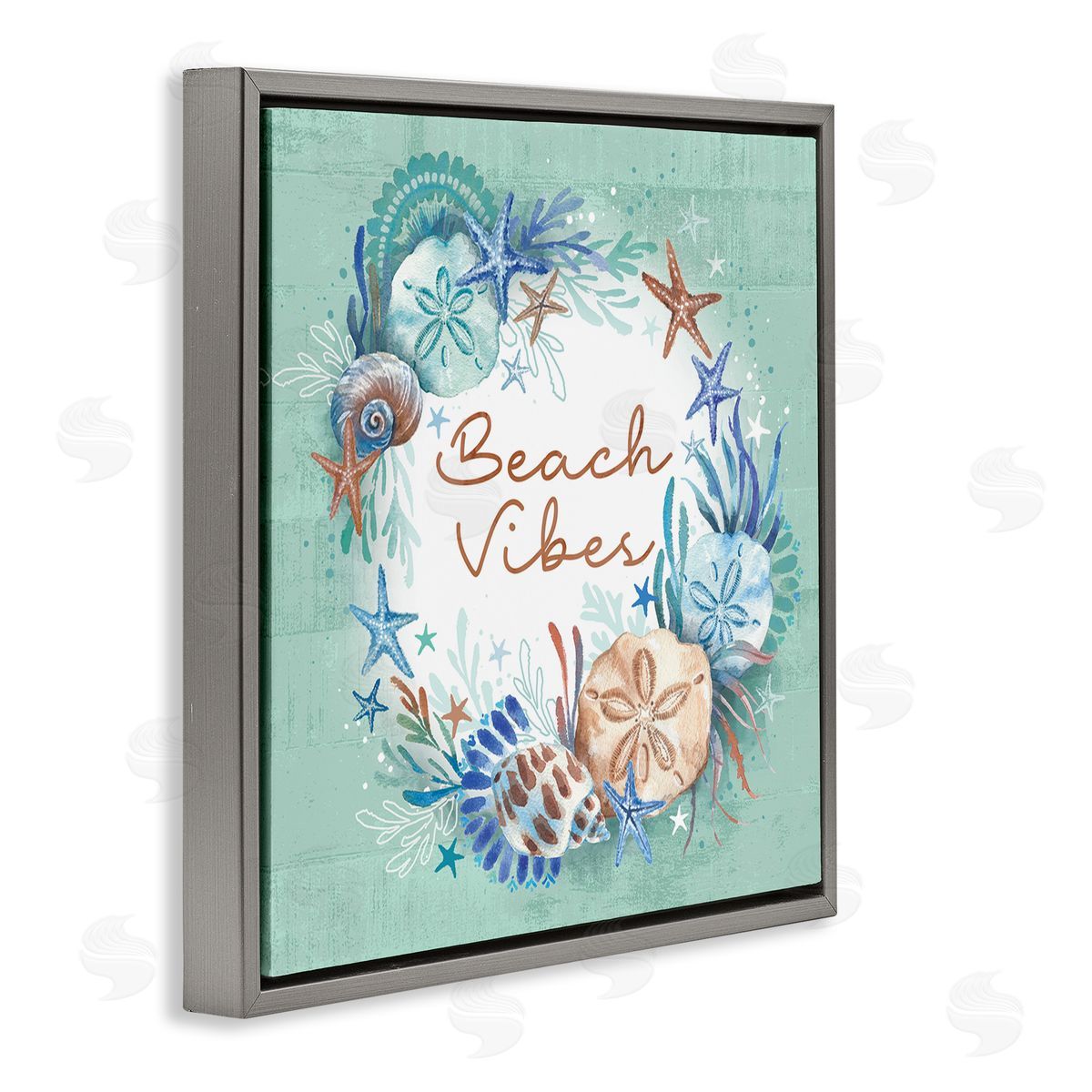 Beach Vibes and Seashells Grey Floating Frame Canvas Wall Art, Home Decor by Courtney Morgenstern