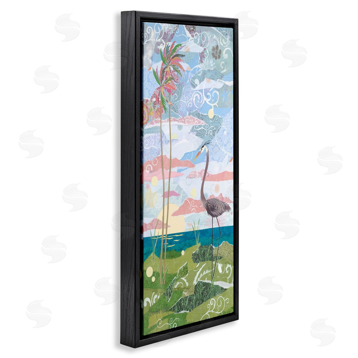 Crane and Swirled Landscape Black Floating Frame Canvas Wall Art, Home Decor by Jennifer Peck
