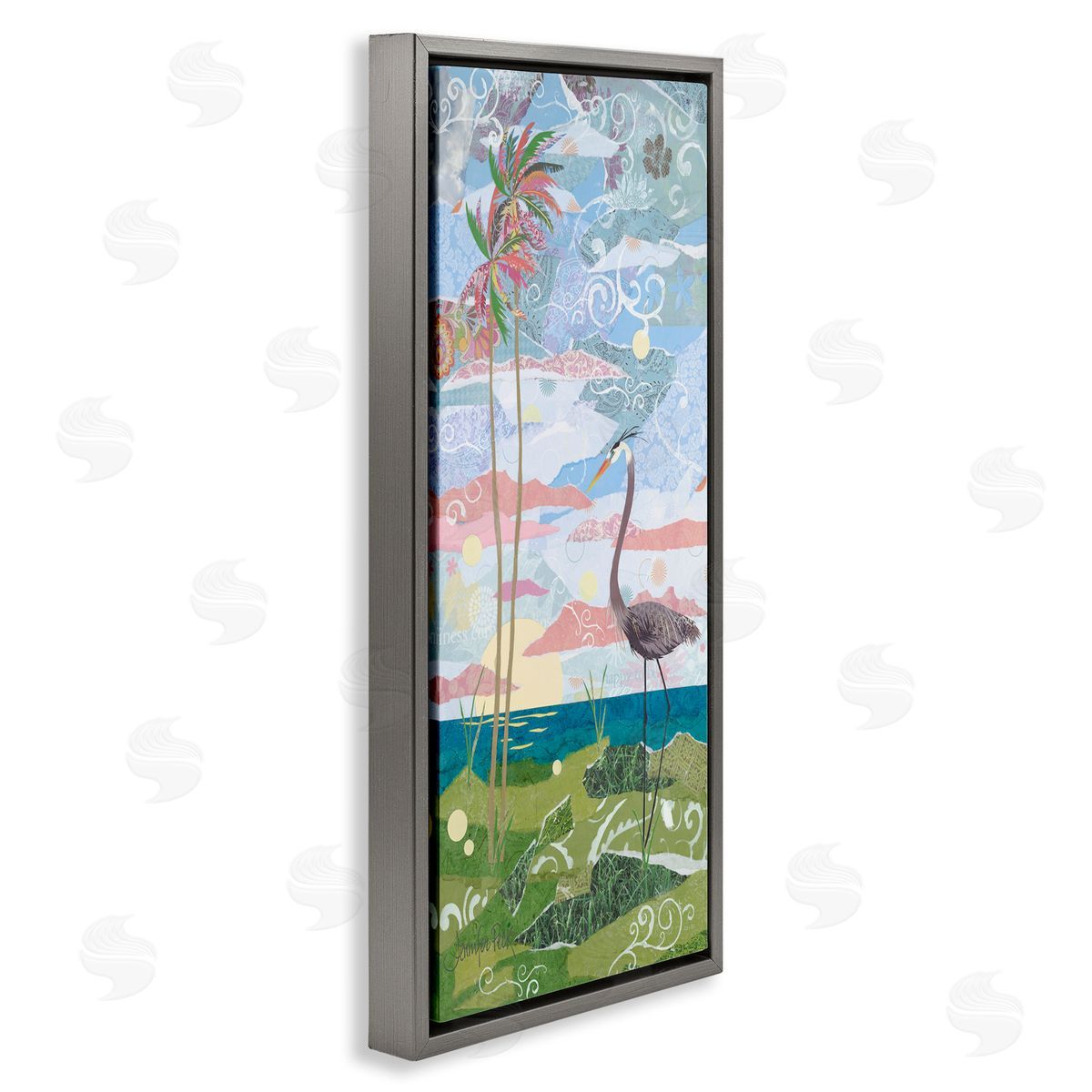 Crane and Swirled Landscape Grey Floating Frame Canvas Wall Art, Home Decor by Jennifer Peck