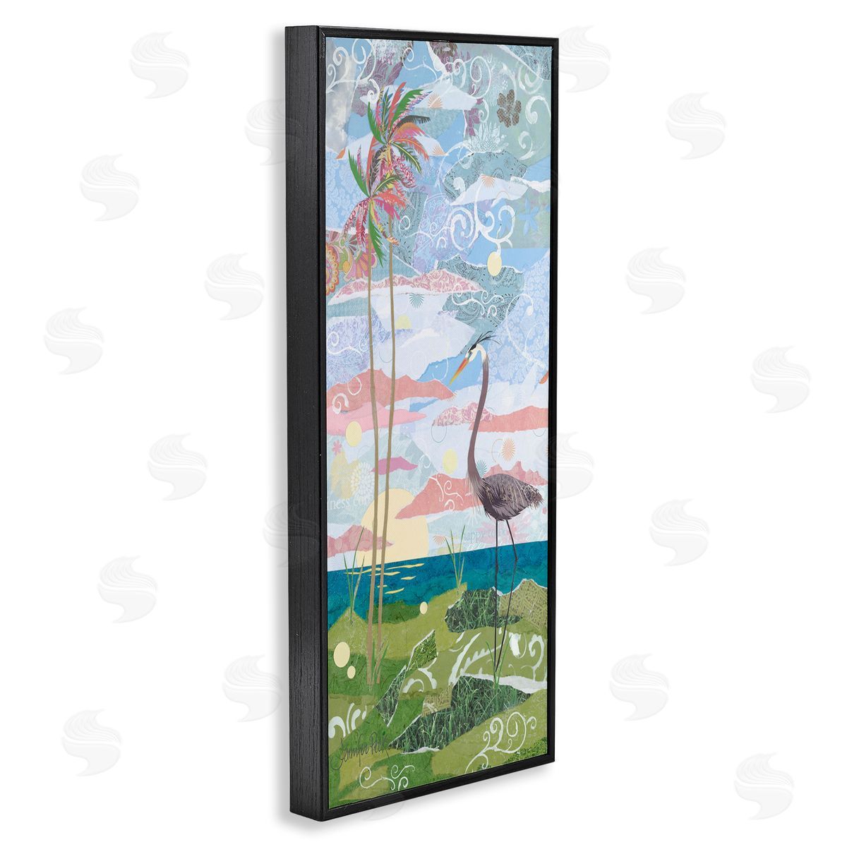 Crane and Swirled Landscape Black Frame Print Wall Art, Home Decor by Jennifer Peck