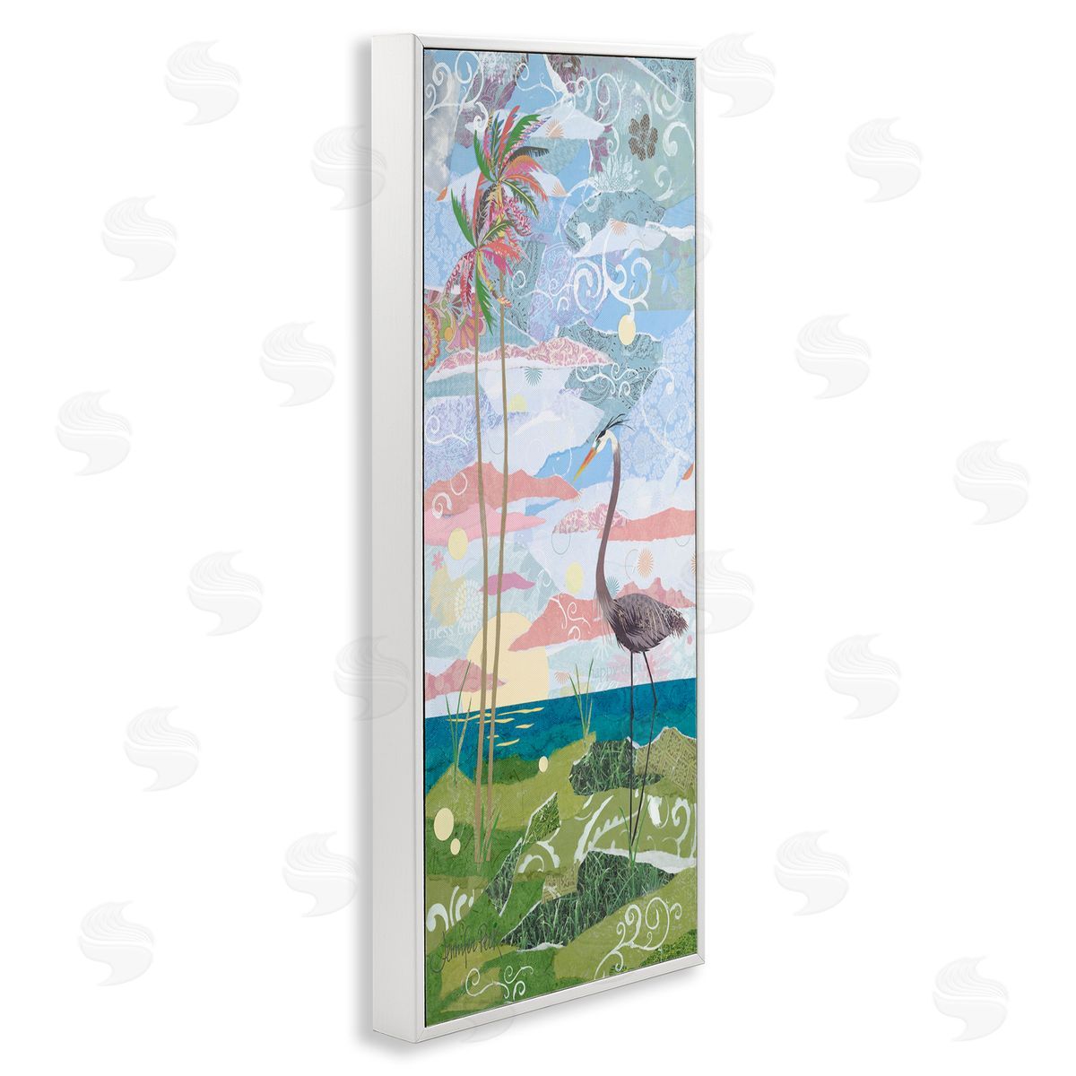 Crane and Swirled Landscape White Frame Print Wall Art, Home Decor by Jennifer Peck