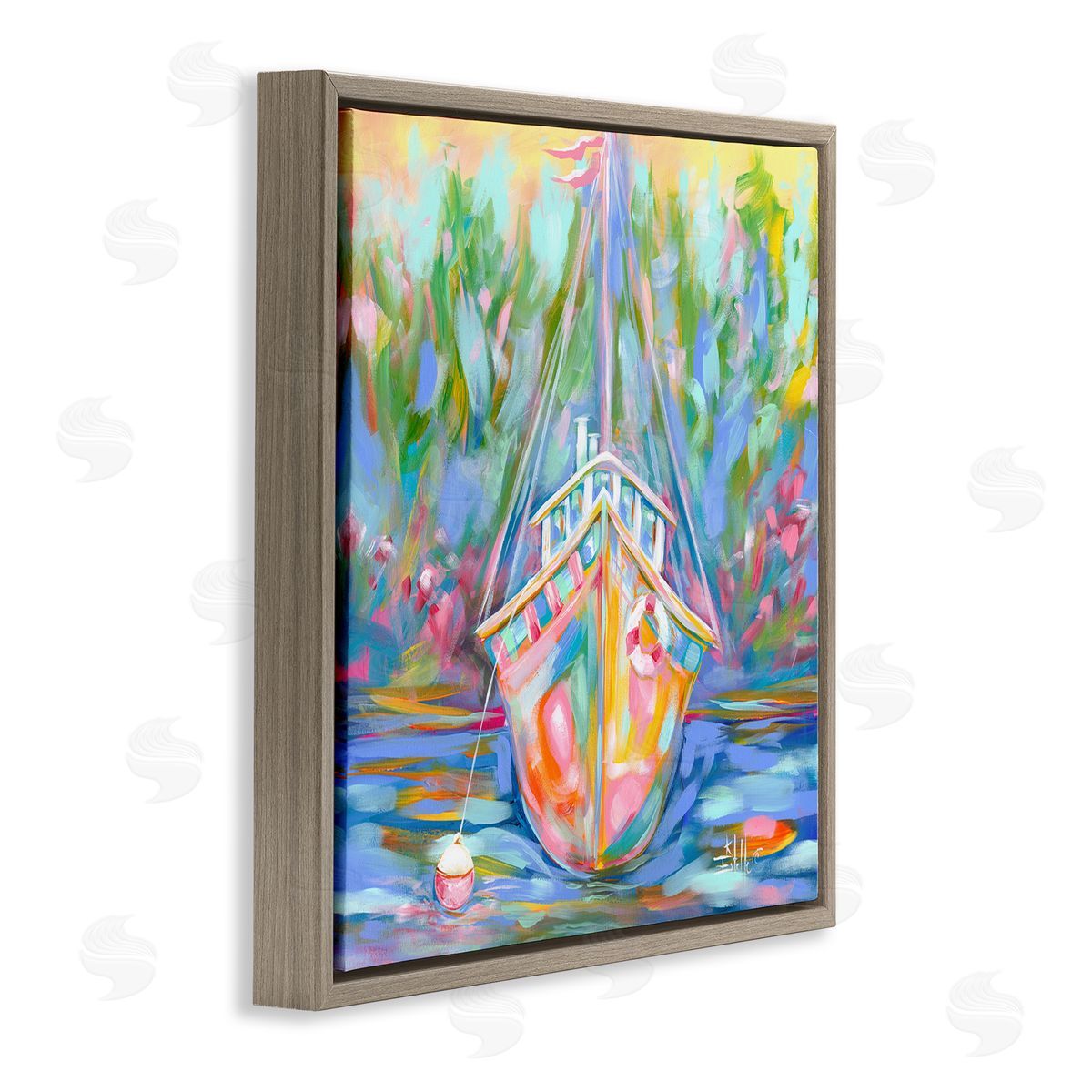 Boat In Waiting Brown Floating Frame Canvas Wall Art, Home Decor by Estelle Grengs