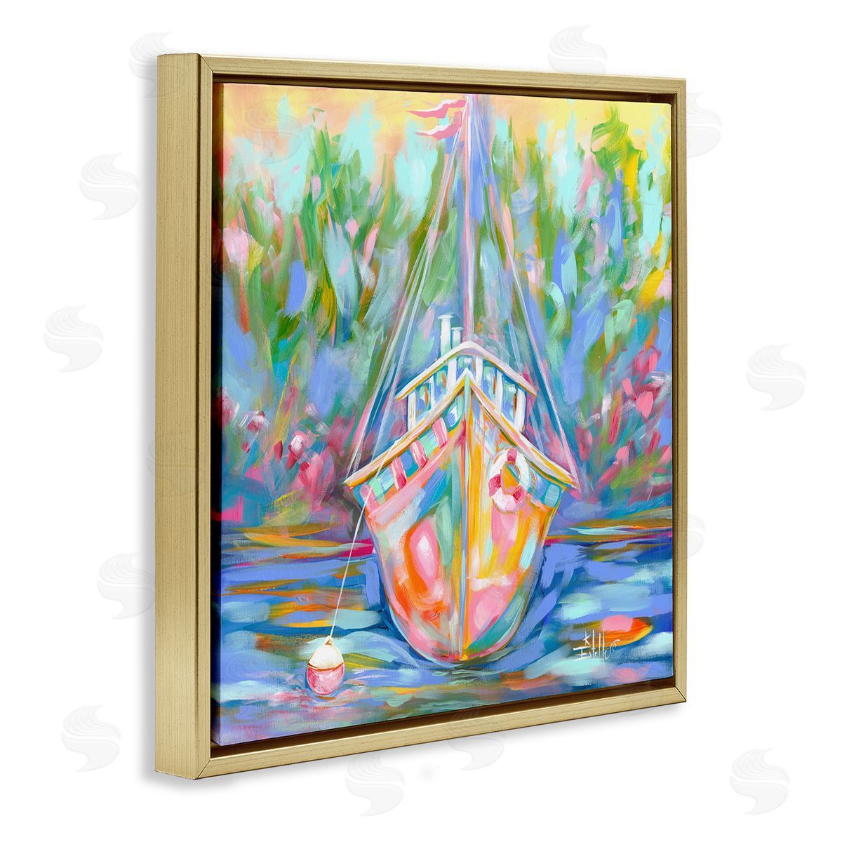 Boat In Waiting Gold Floating Frame Canvas Wall Art, Home Decor by Estelle Grengs