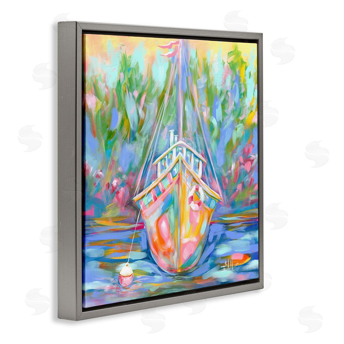 Boat In Waiting Grey Floating Frame Canvas Wall Art, Home Decor by Estelle Grengs
