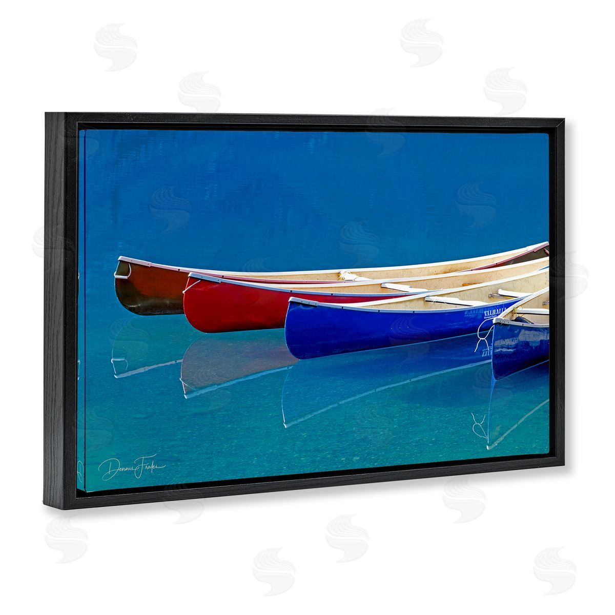 Dennis Frates Various Canoe Boats Black Floating Frame Canvas Wall Art Print