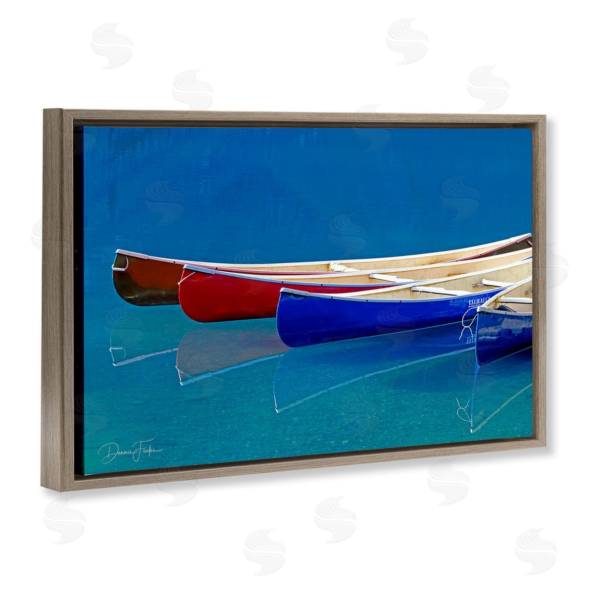 Dennis Frates Various Canoe Boats Brown Floating Frame Canvas Wall Art Print