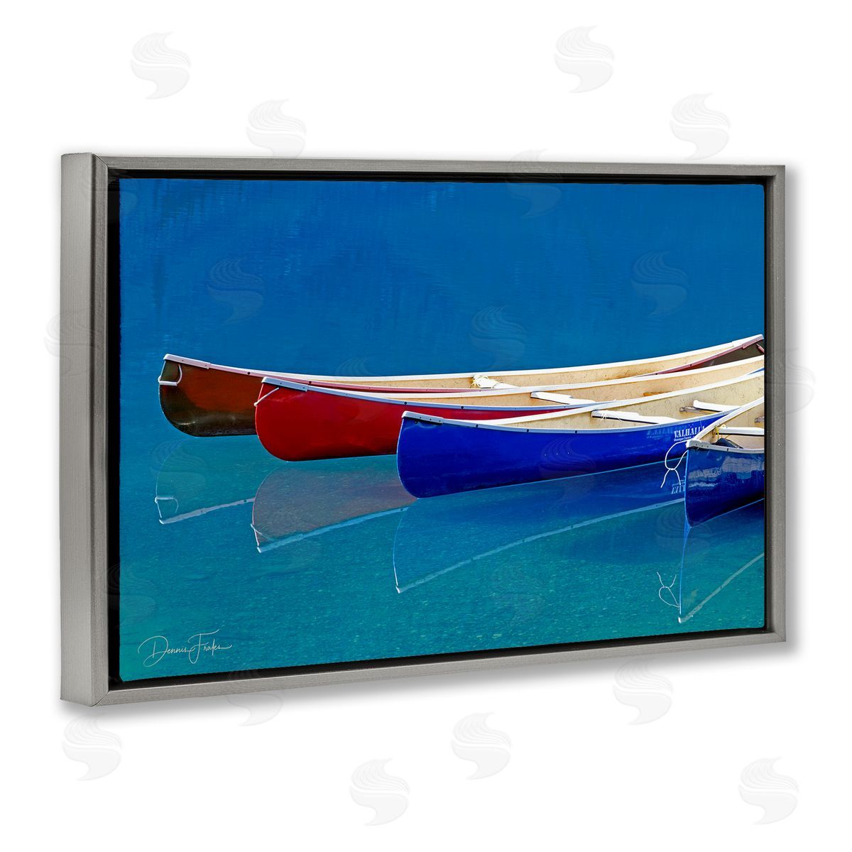 Dennis Frates Various Canoe Boats Gray Floating Frame Canvas Wall Art Print