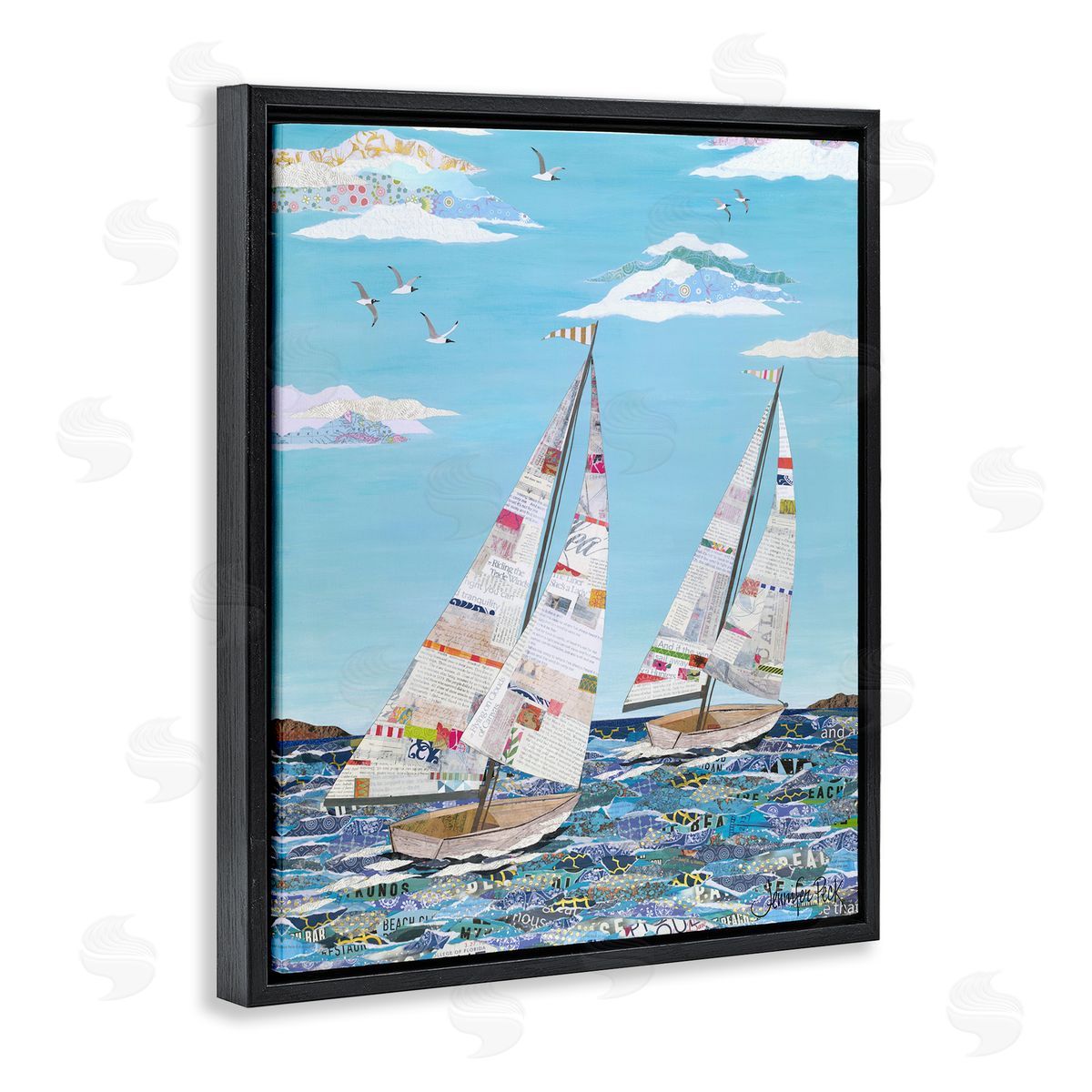Collaged Sailboat Pair Black Floating Frame Canvas Wall Art, Home Decor by Jennifer Peck