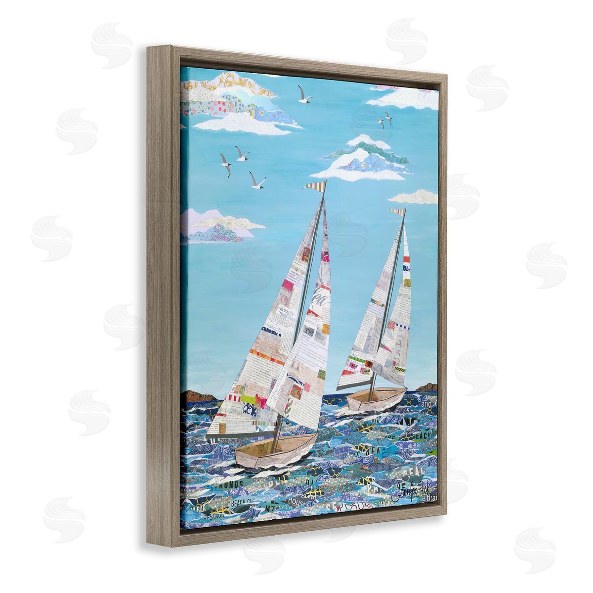 Collaged Sailboat Pair Brown Floating Frame Canvas Wall Art, Home Decor by Jennifer Peck