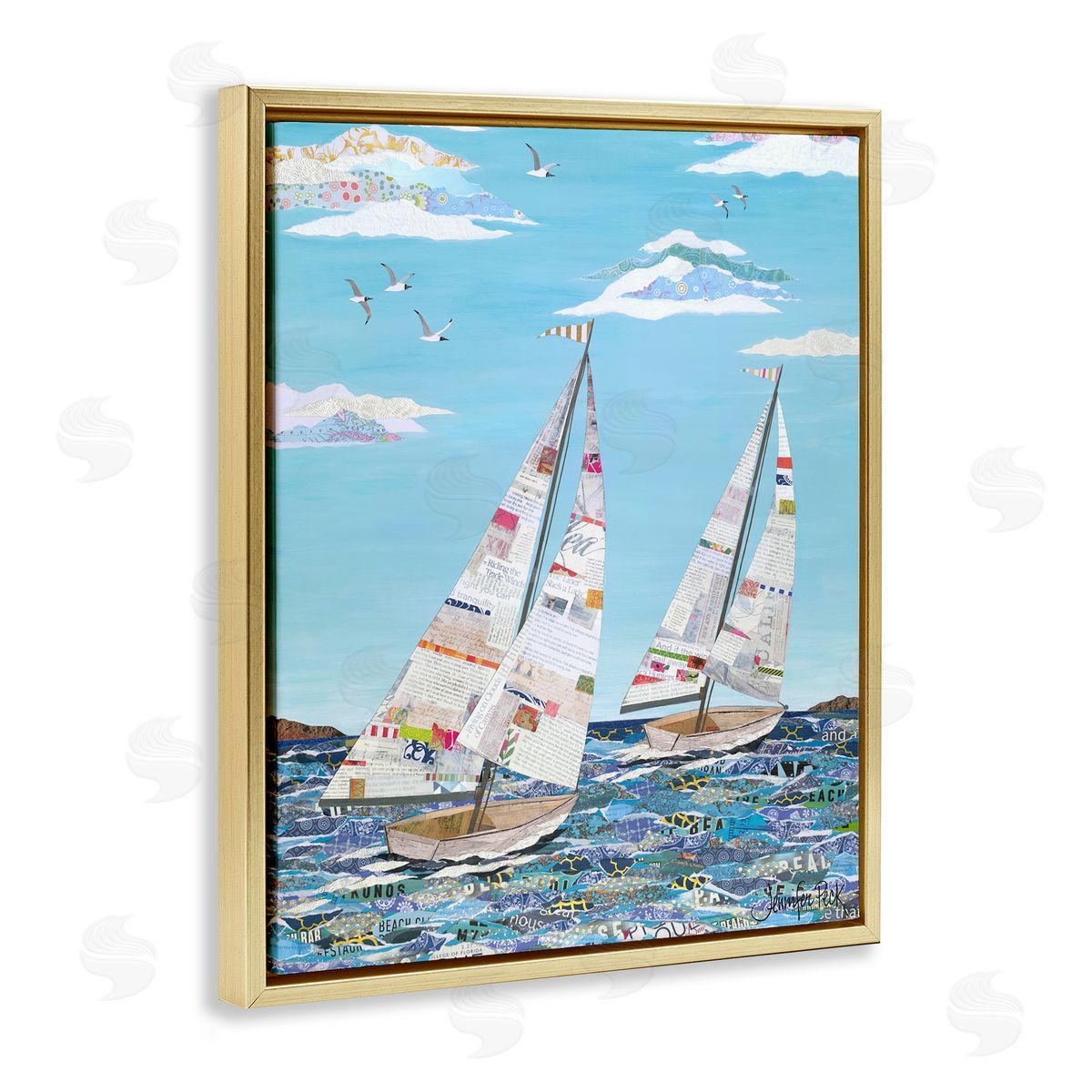 Collaged Sailboat Pair Gold Floating Frame Canvas Wall Art, Home Decor by Jennifer Peck