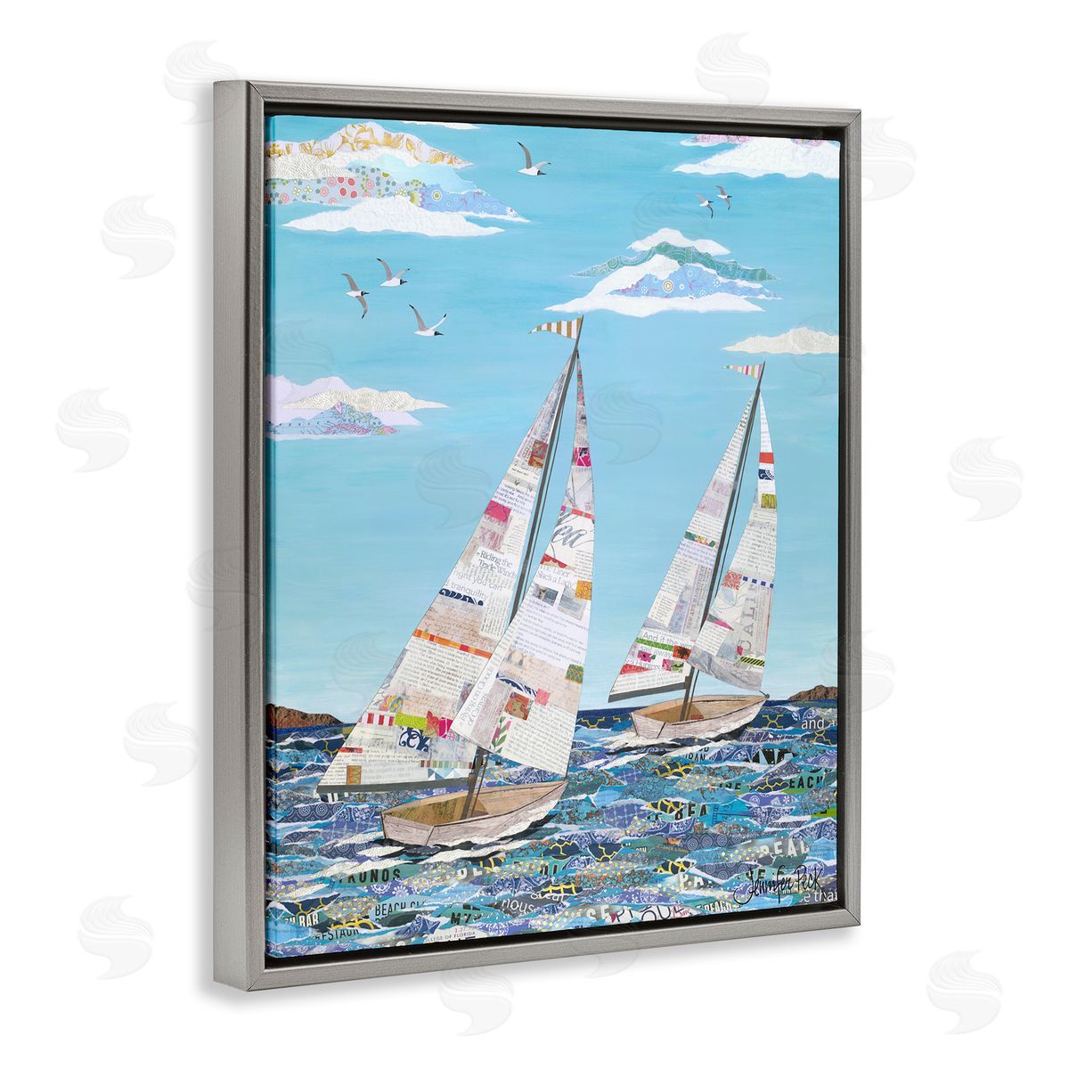 Collaged Sailboat Pair Grey Floating Frame Canvas Wall Art, Home Decor by Jennifer Peck