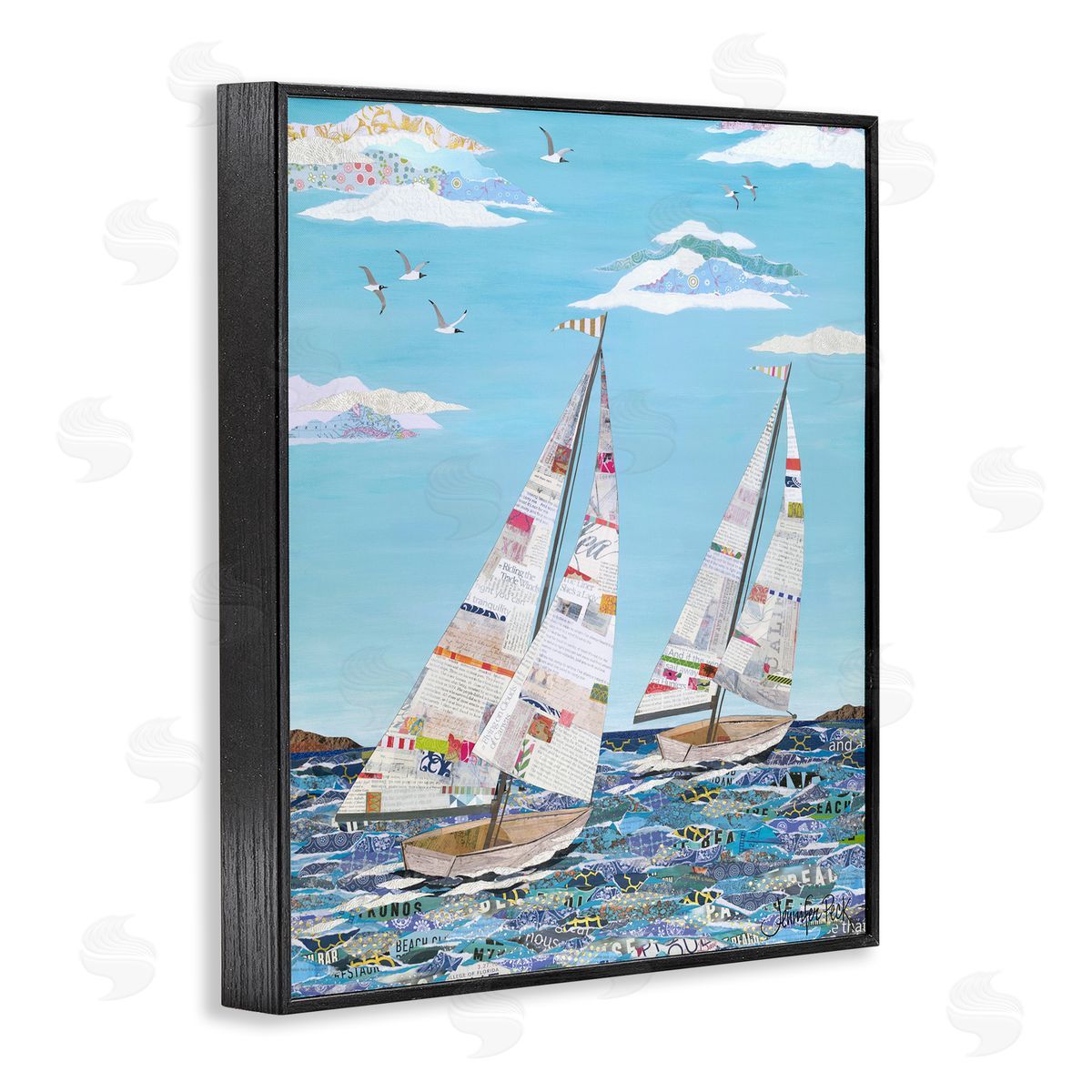 Collaged Sailboat Pair Black Frame Print Wall Art, Home Decor by Jennifer Peck