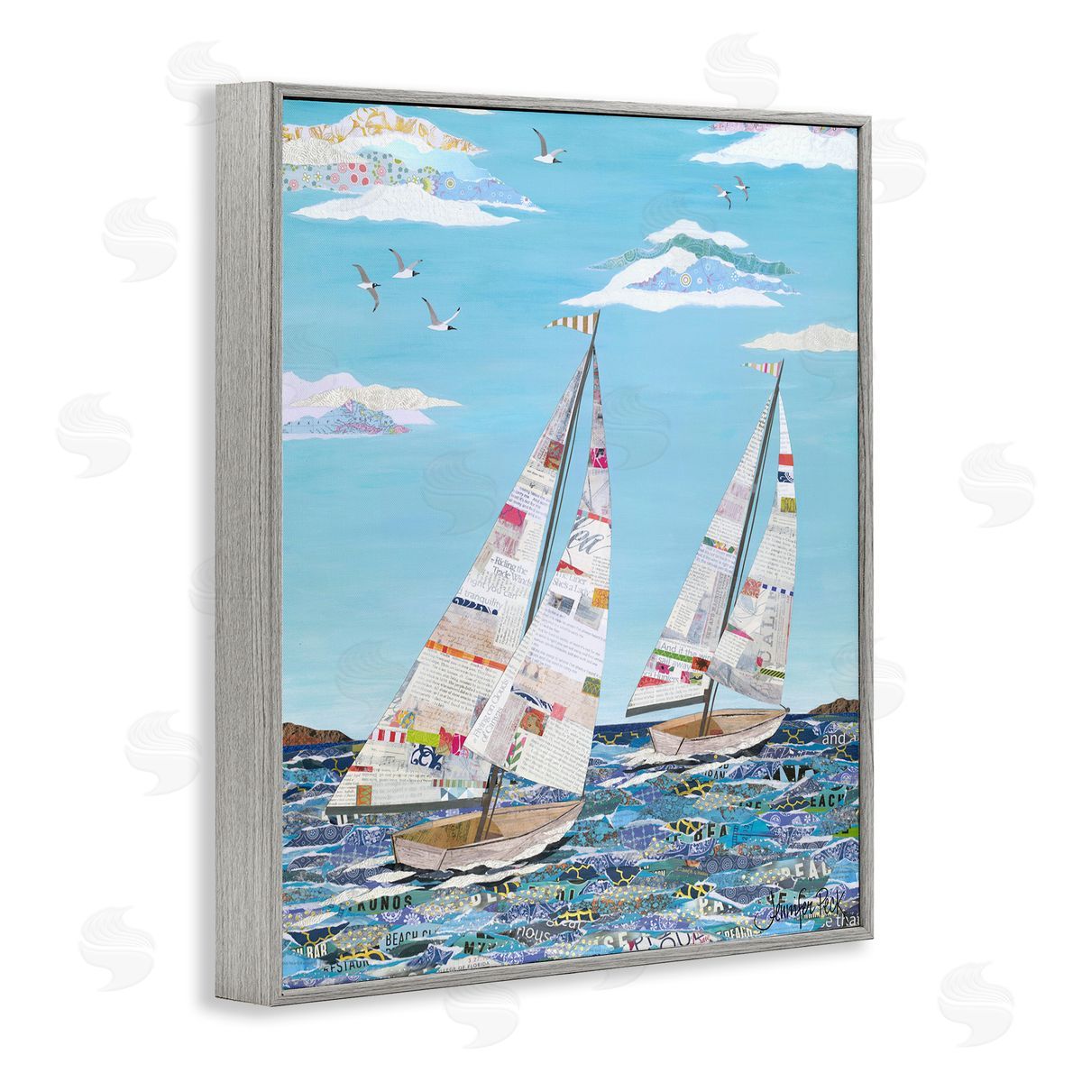 Collaged Sailboat Pair Grey Frame Print Wall Art, Home Decor by Jennifer Peck