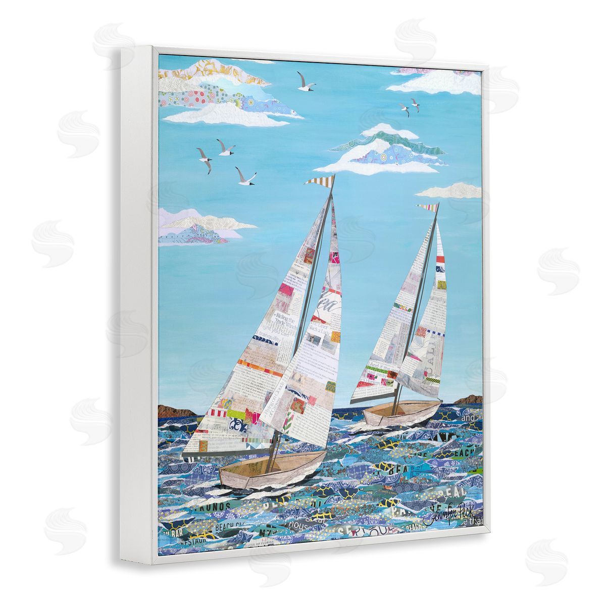 Collaged Sailboat Pair White Frame Print Wall Art, Home Decor by Jennifer Peck