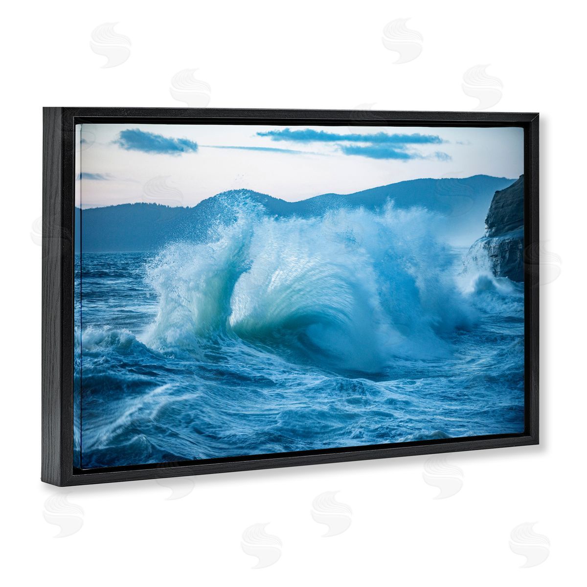 GS Photo Rolling Tsunami Wave Black Floating Frame Canvas Wall Art Print