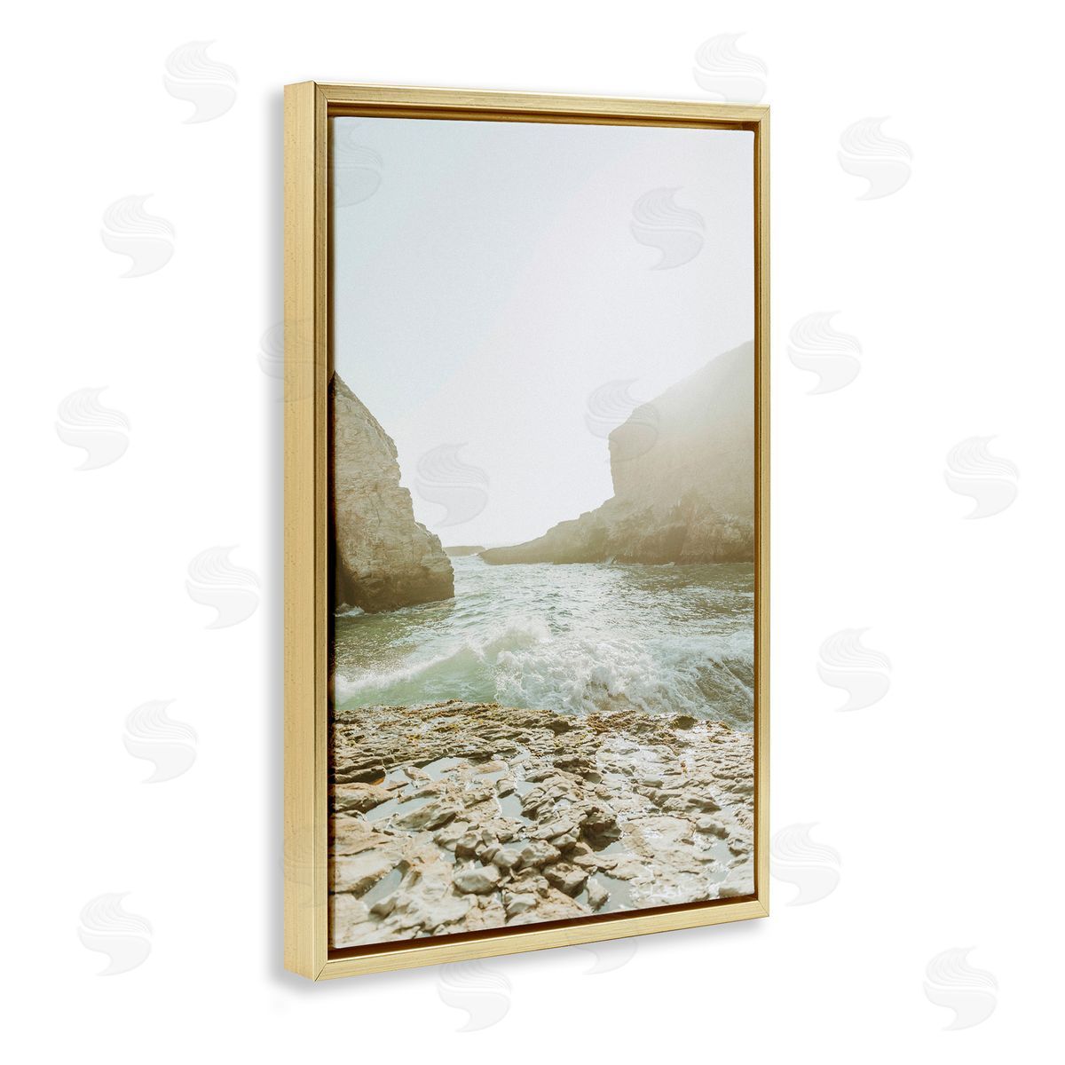 Rocky Beach Cove Gold Floating Frame Canvas Wall Art, Home Decor by Incado