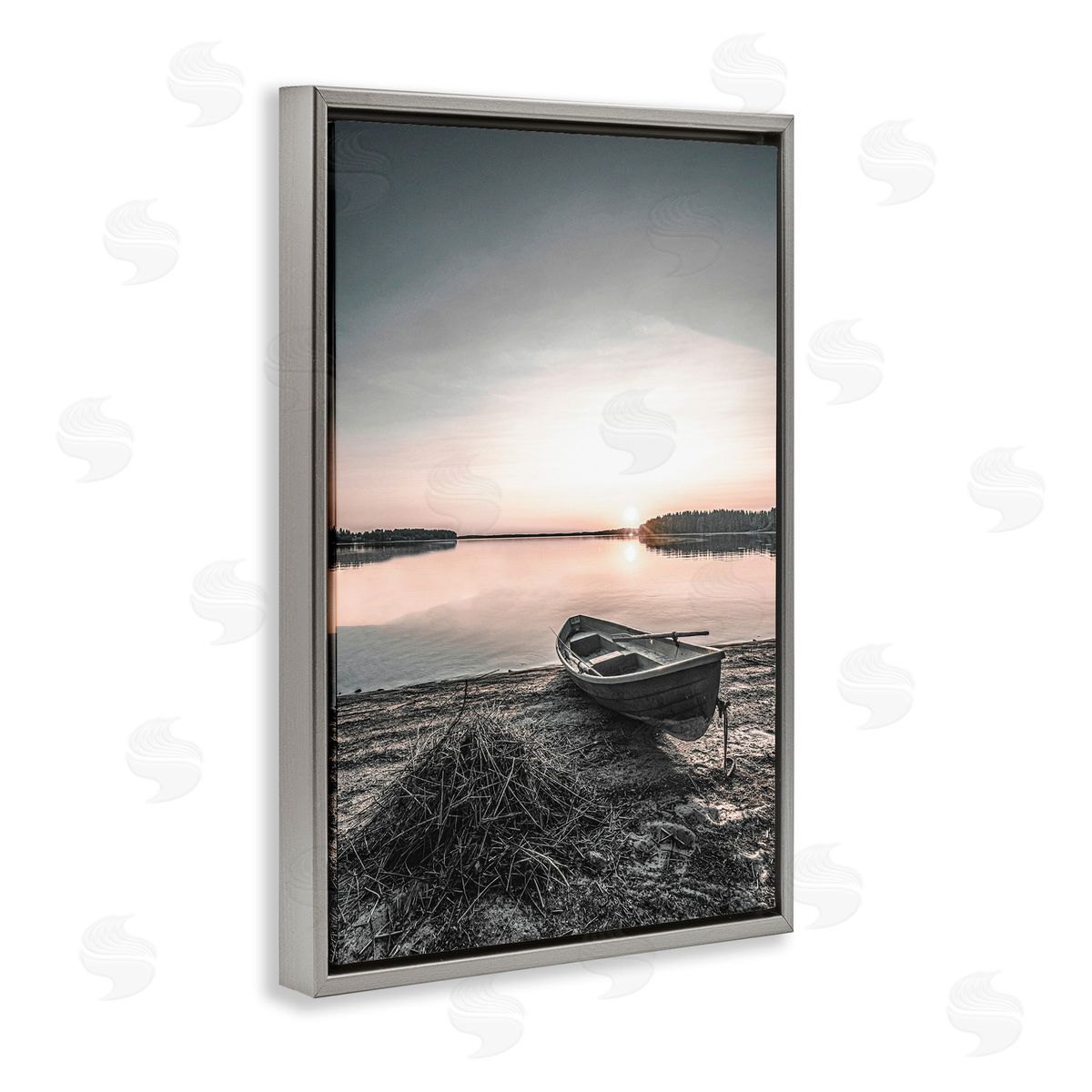 Deserted Canoe on Shore Grey Floating Frame Canvas Wall Art, Home Decor by Incado