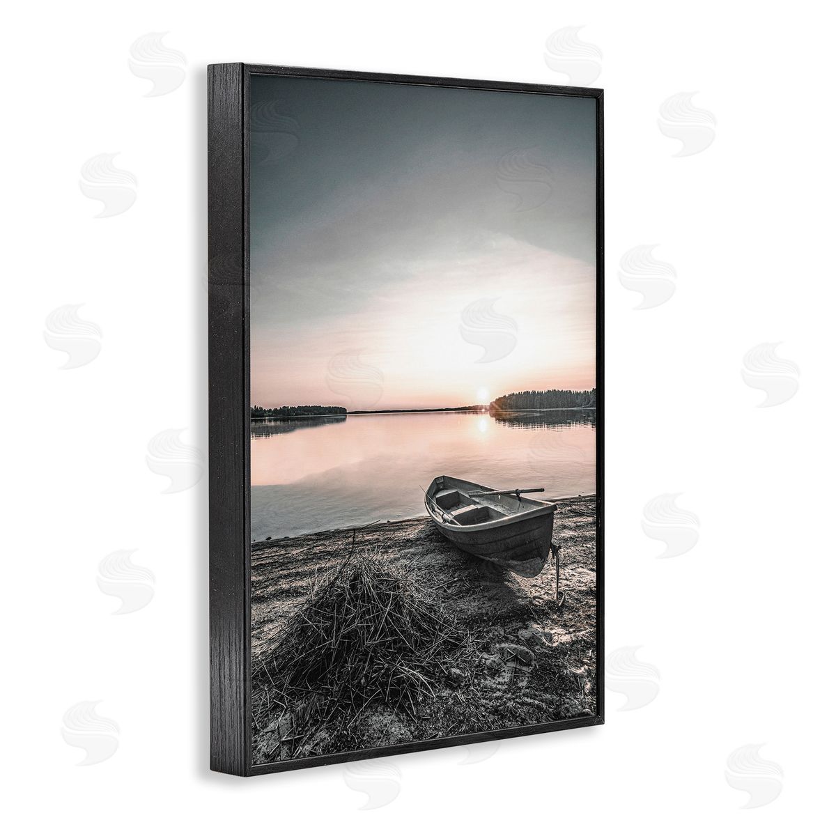 Deserted Canoe on Shore Black Frame Print Wall Art, Home Decor by Incado