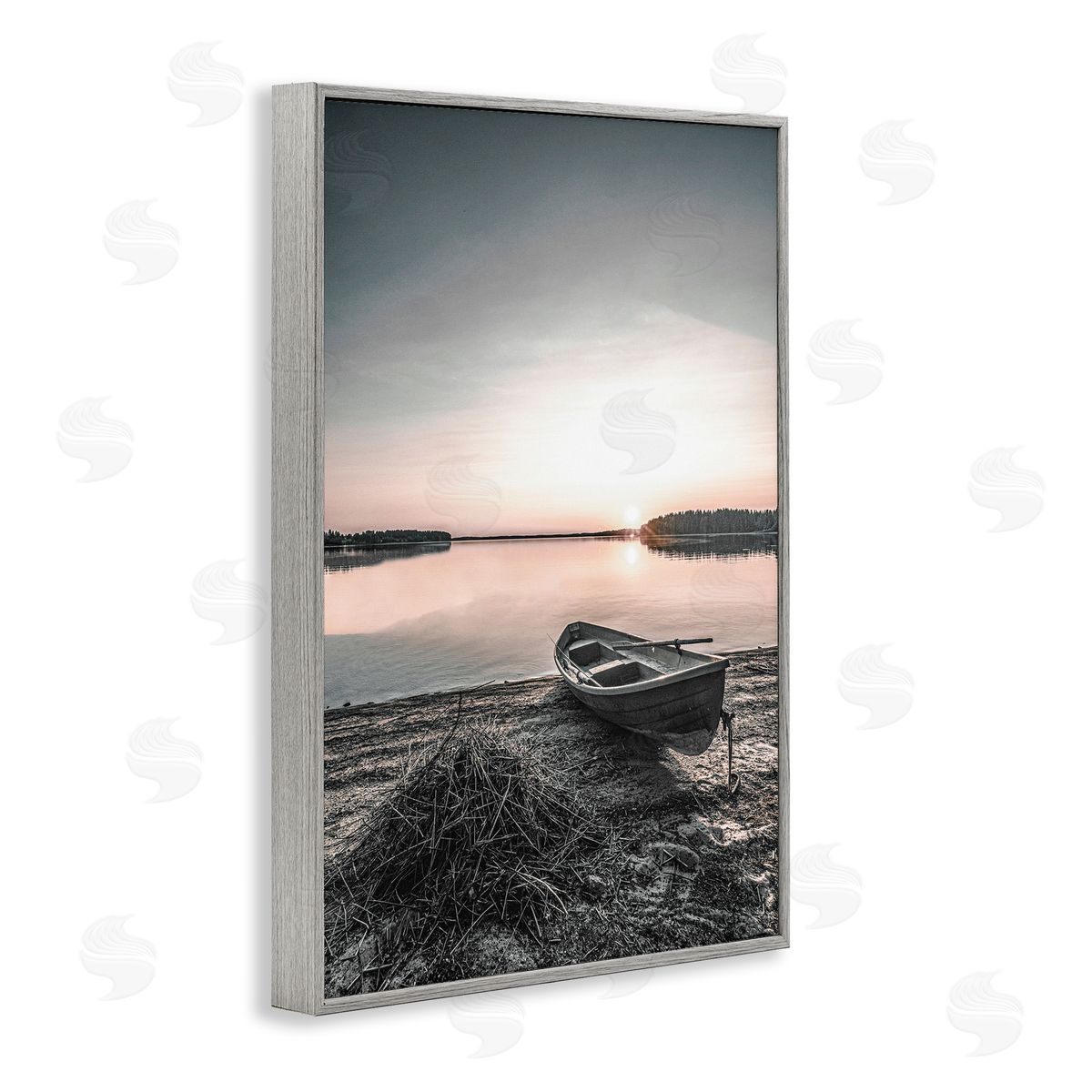 Deserted Canoe on Shore Grey Frame Print Wall Art, Home Decor by Incado