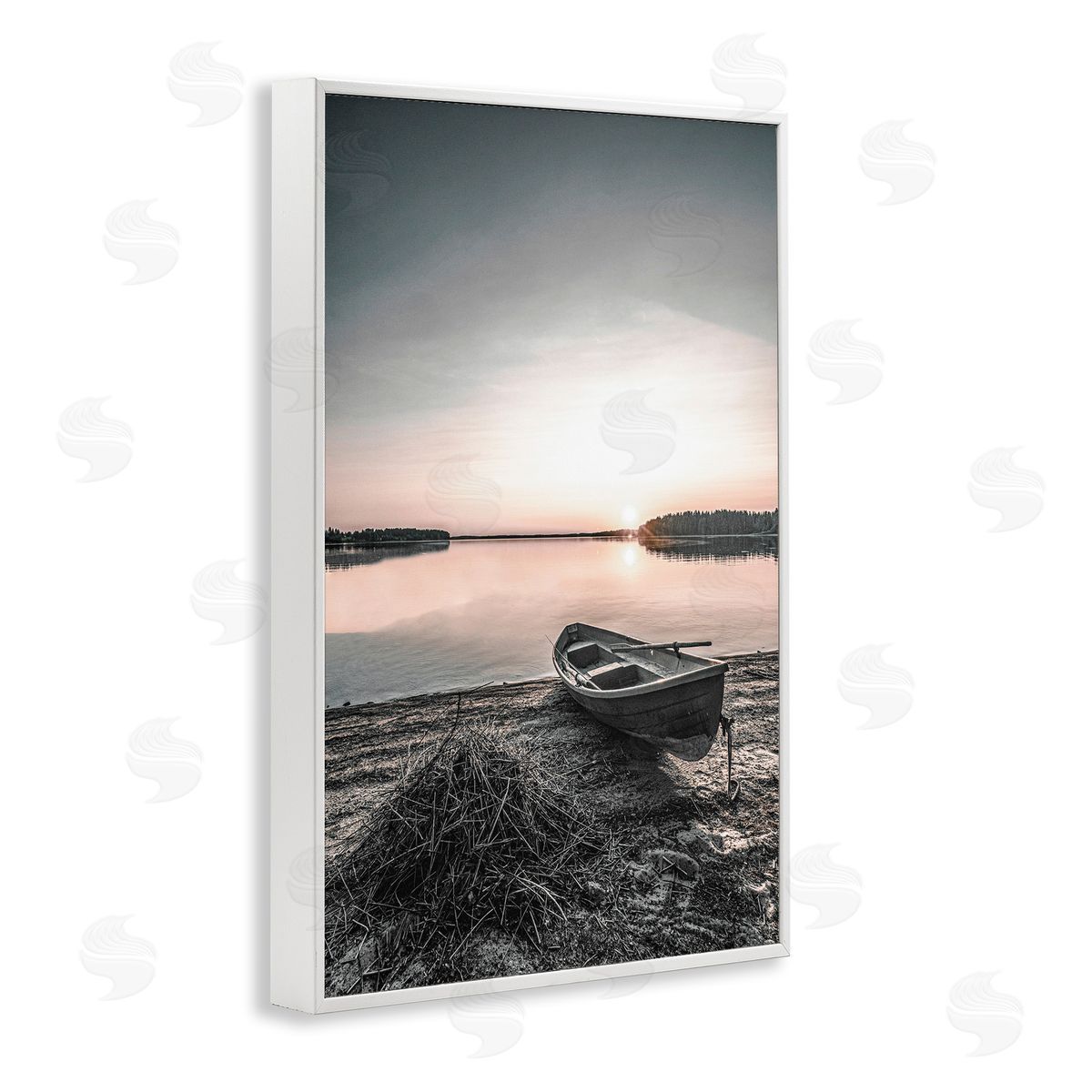 Deserted Canoe on Shore White Frame Print Wall Art, Home Decor by Incado