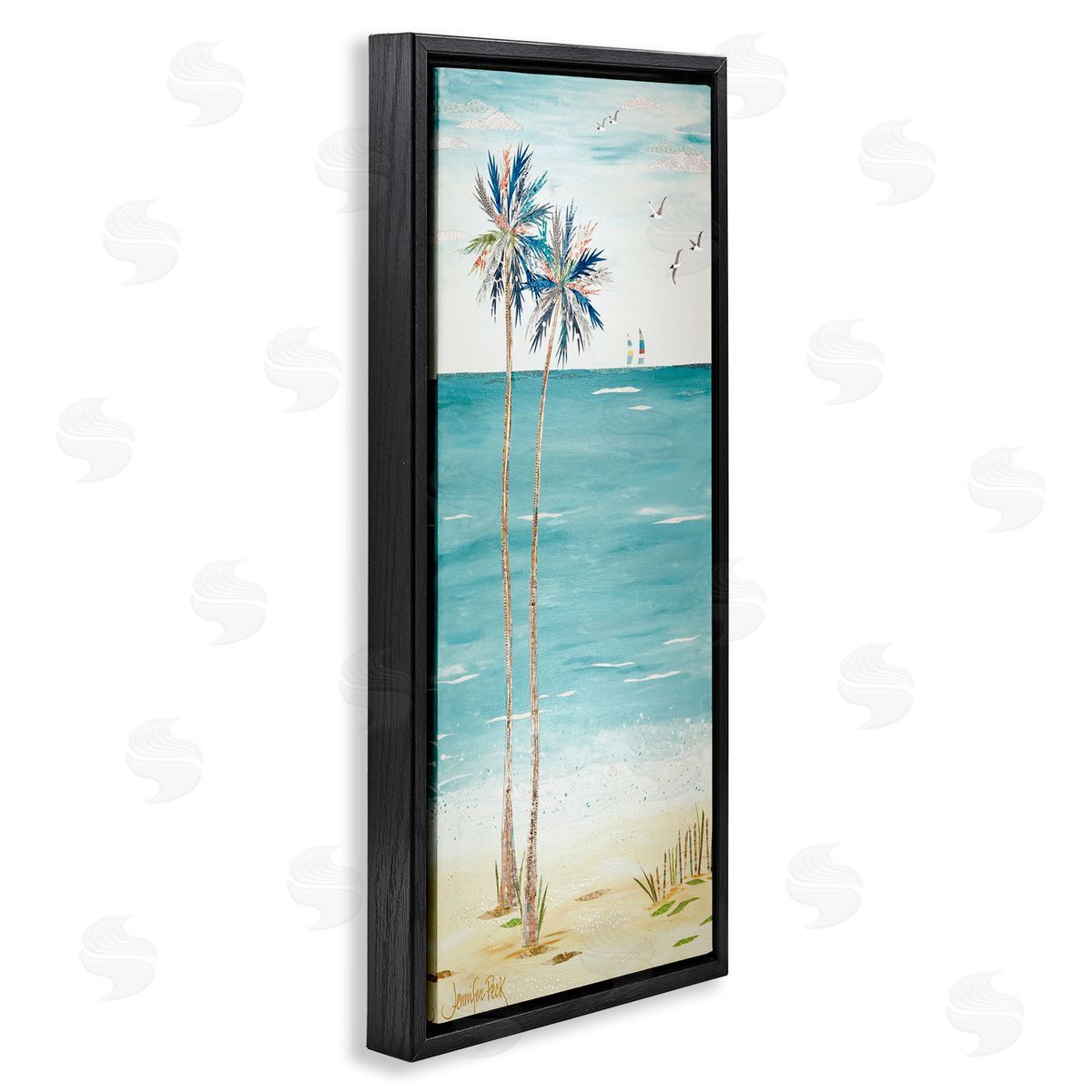 Palms and Distant Boats Black Floating Frame Canvas Wall Art, Home Decor by Jennifer Peck