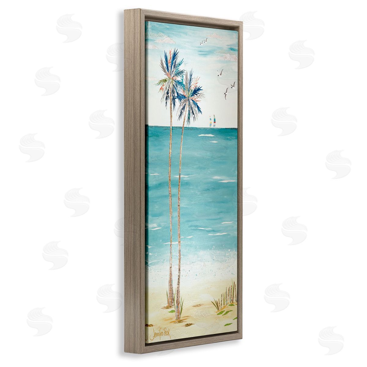 Palms and Distant Boats Brown Floating Frame Canvas Wall Art, Home Decor by Jennifer Peck
