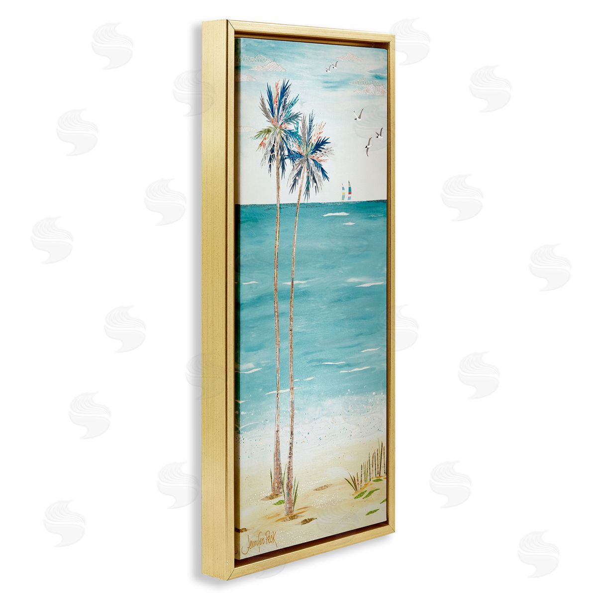 Palms and Distant Boats Gold Floating Frame Canvas Wall Art, Home Decor by Jennifer Peck