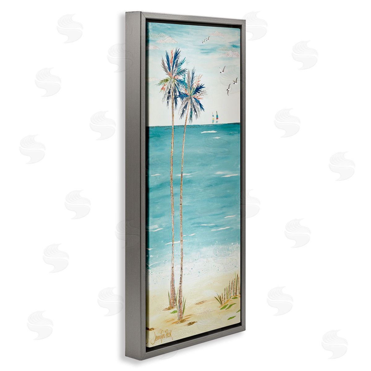 Palms and Distant Boats Grey Floating Frame Canvas Wall Art, Home Decor by Jennifer Peck