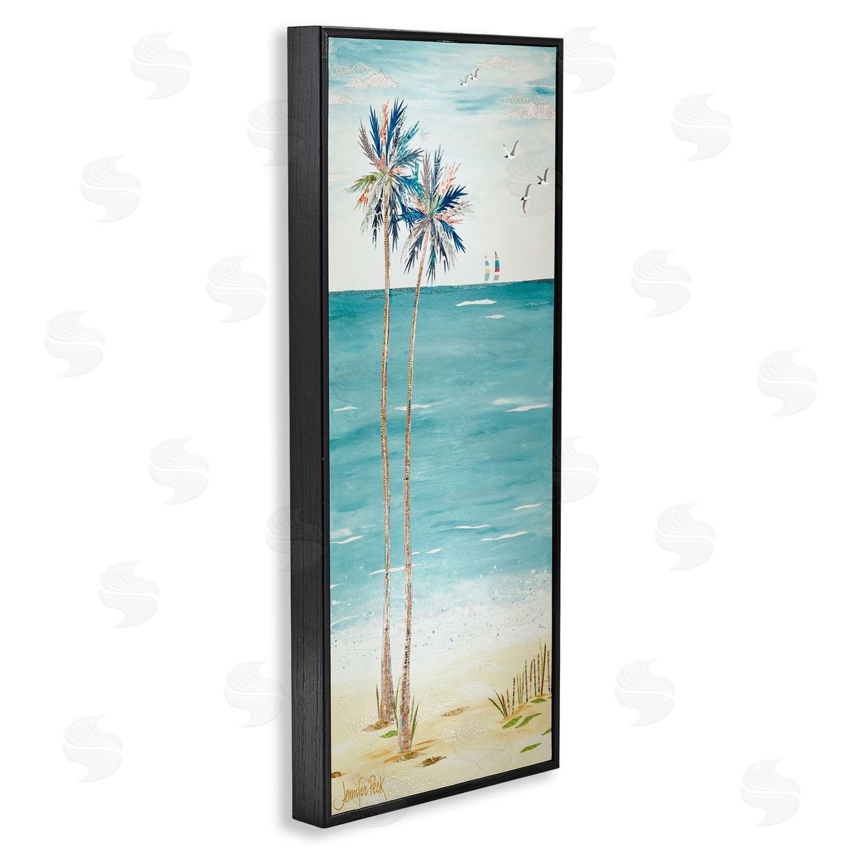 Palms and Distant Boats Black Frame Print Wall Art, Home Decor by Jennifer Peck