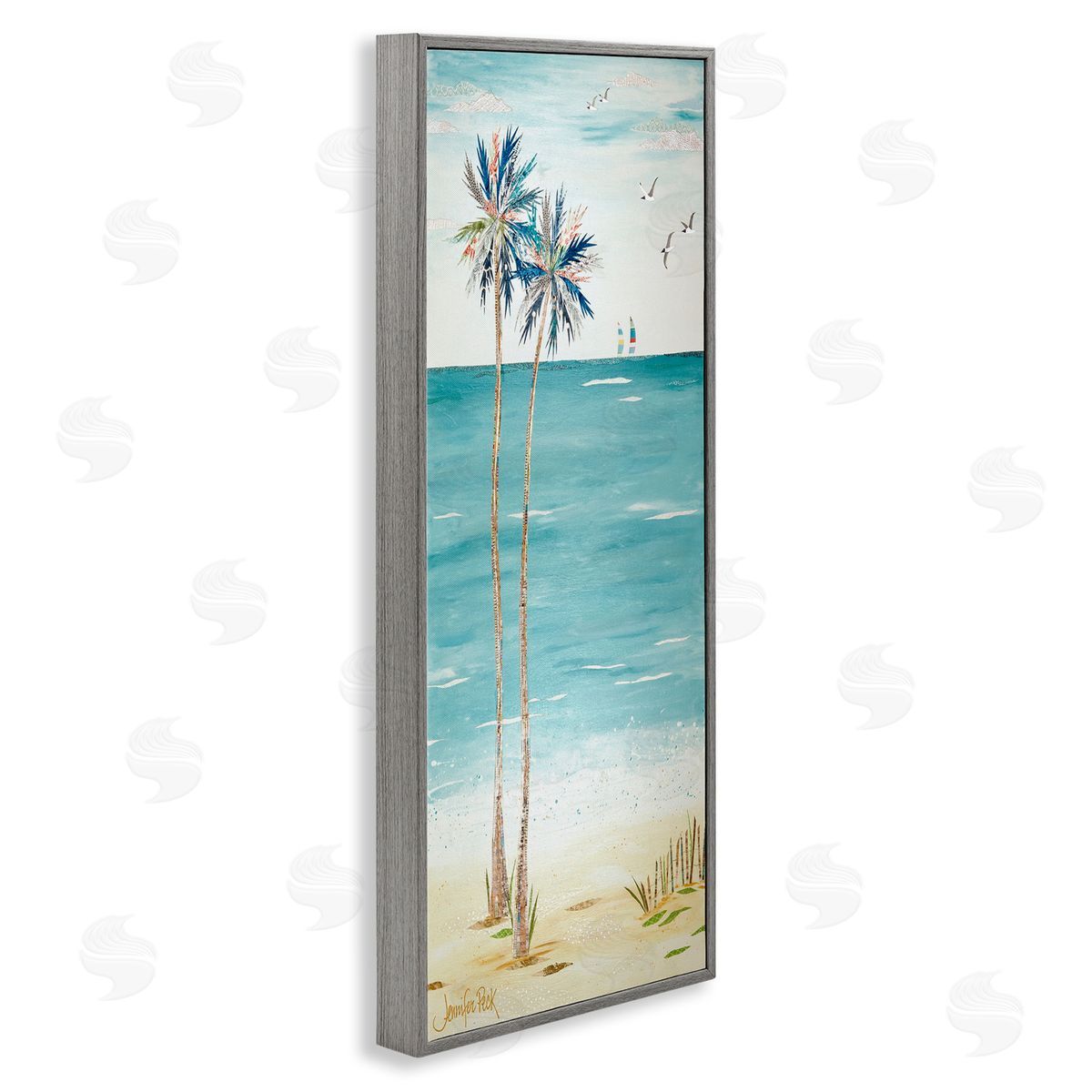 Palms and Distant Boats Grey Frame Print Wall Art, Home Decor by Jennifer Peck