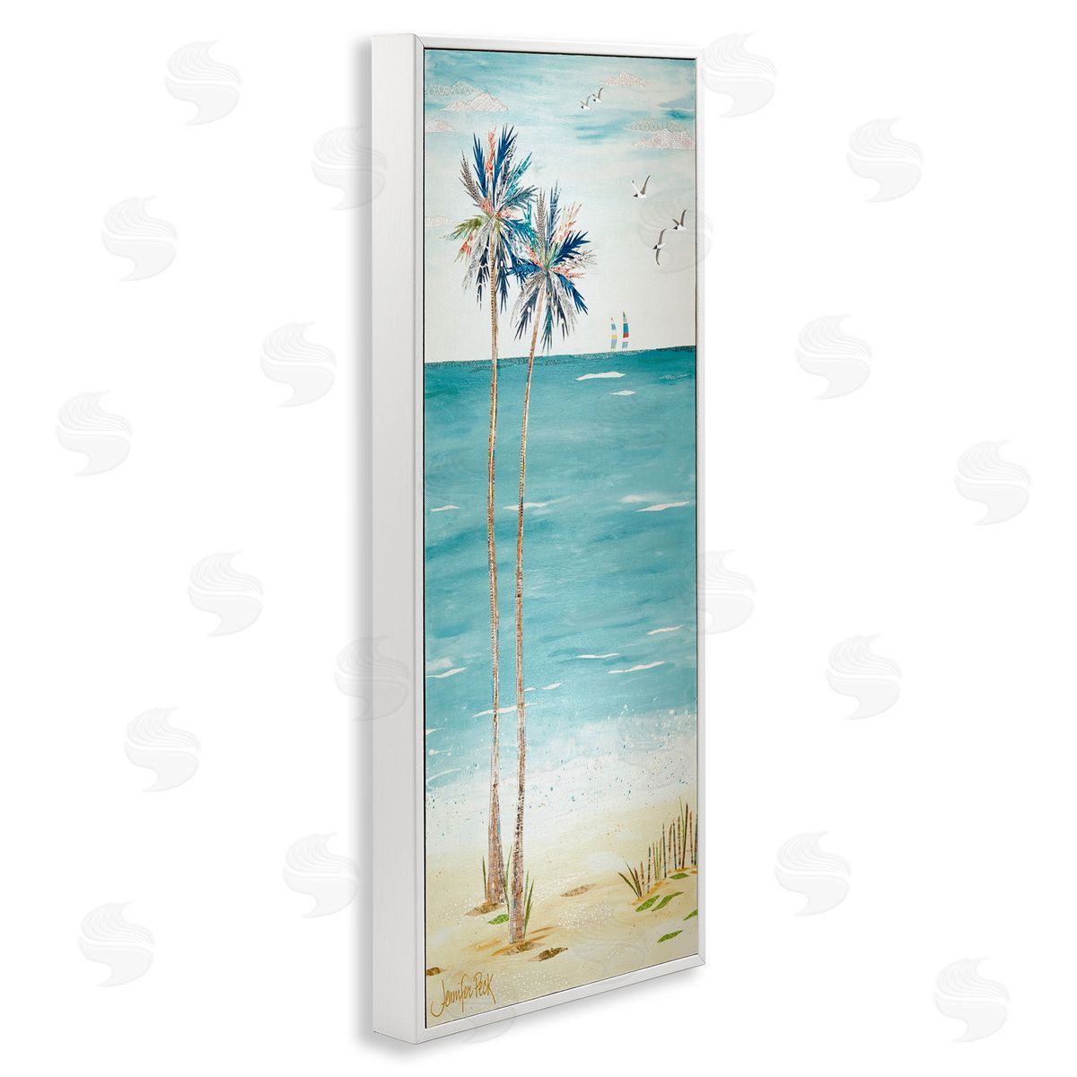 Palms and Distant Boats White Frame Print Wall Art, Home Decor by Jennifer Peck