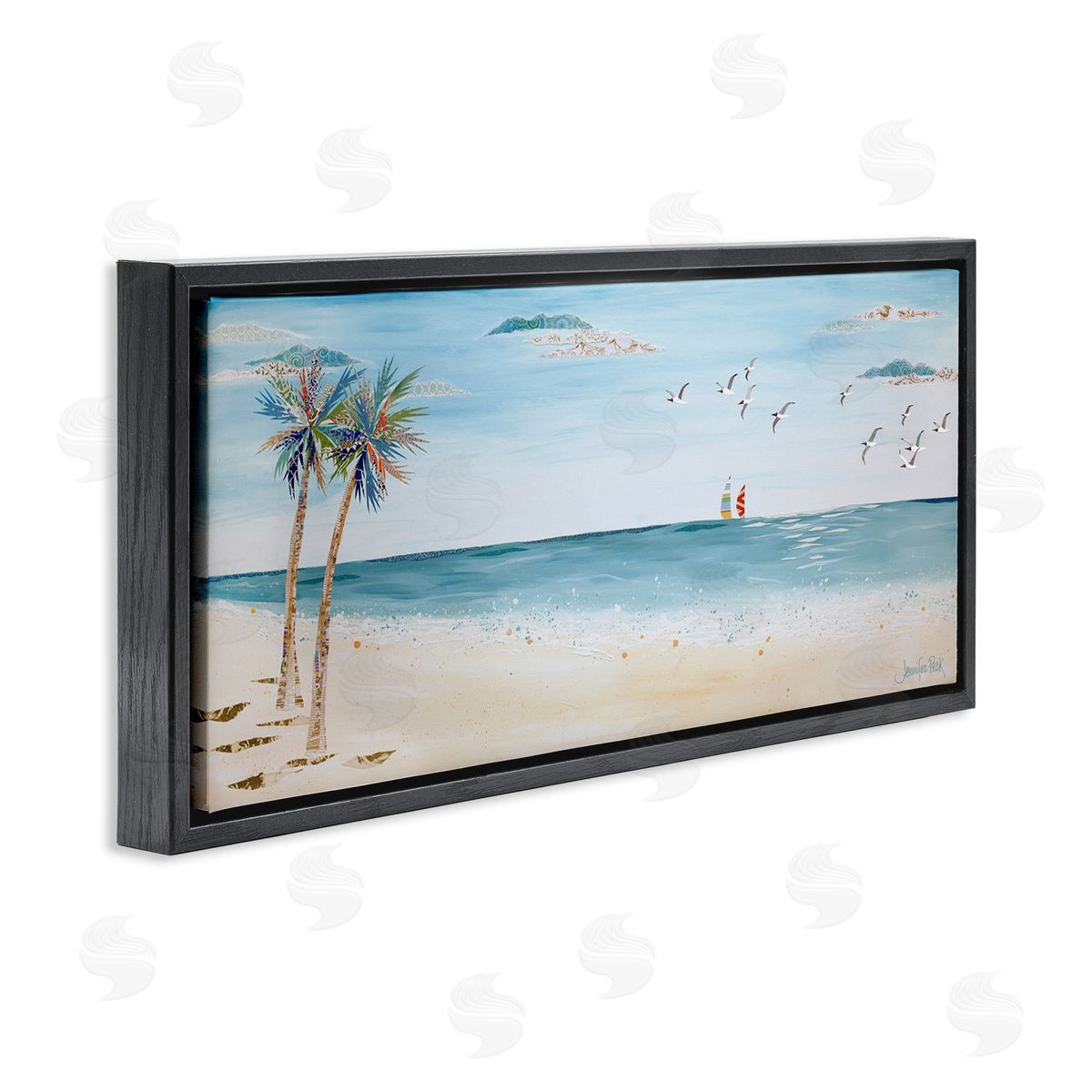 Seagulls and Palm Beach Black Floating Frame Canvas Wall Art, Home Decor by Jennifer Peck