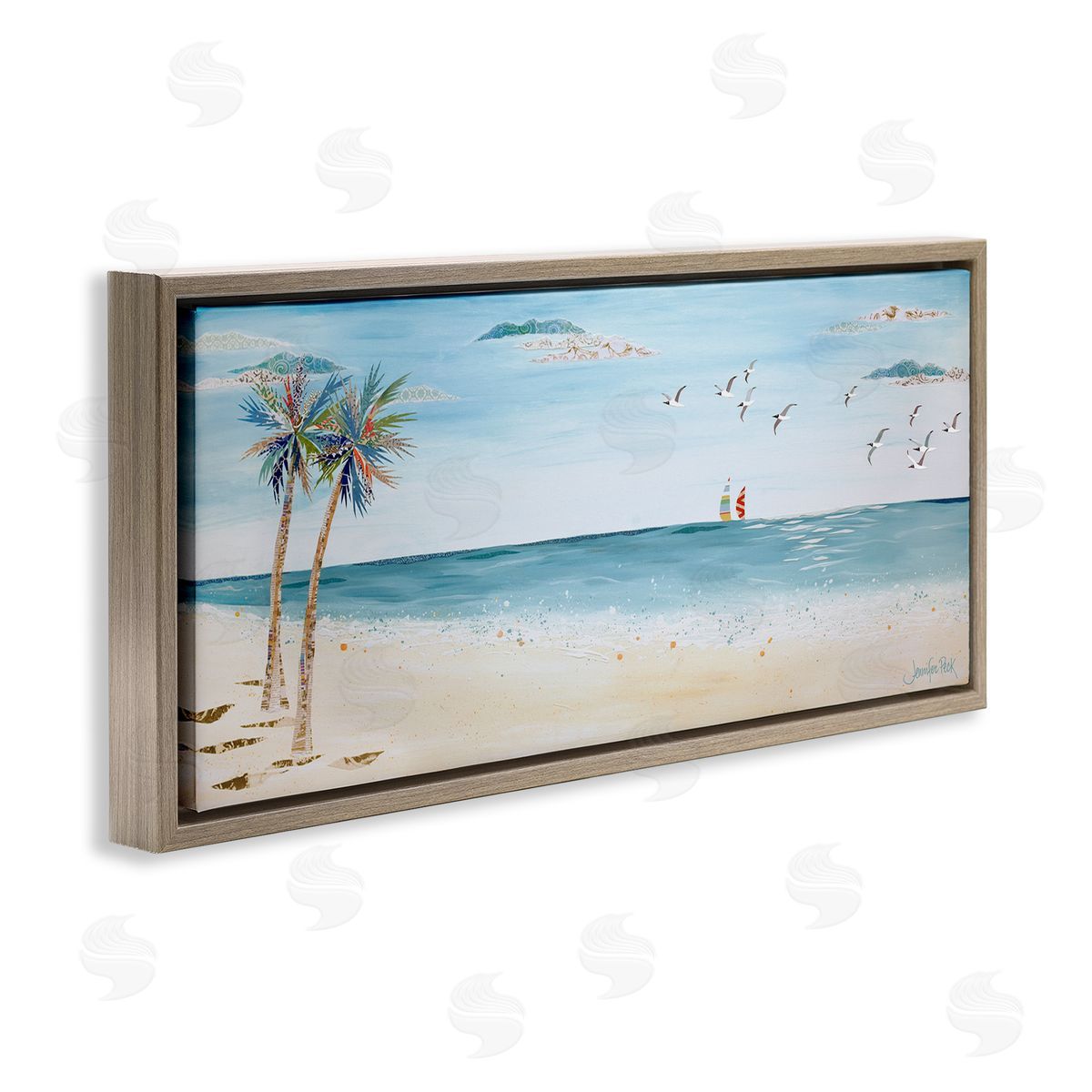 Seagulls and Palm Beach Brown Floating Frame Canvas Wall Art, Home Decor by Jennifer Peck