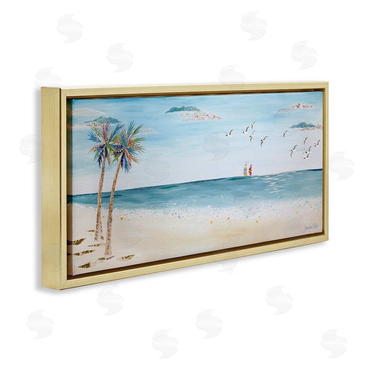 Seagulls and Palm Beach Gold Floating Frame Canvas Wall Art, Home Decor by Jennifer Peck