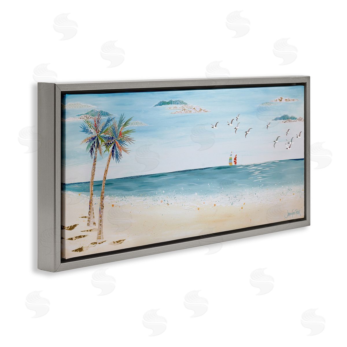 Seagulls and Palm Beach Grey Floating Frame Canvas Wall Art, Home Decor by Jennifer Peck
