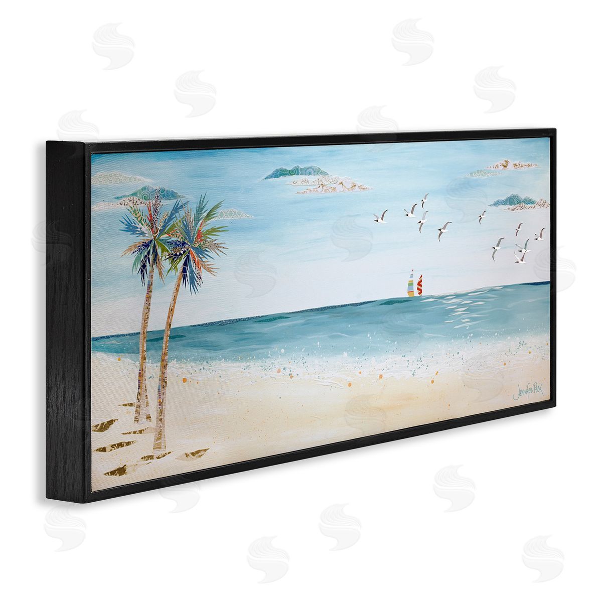Seagulls and Palm Beach Black Frame Print Wall Art, Home Decor by Jennifer Peck