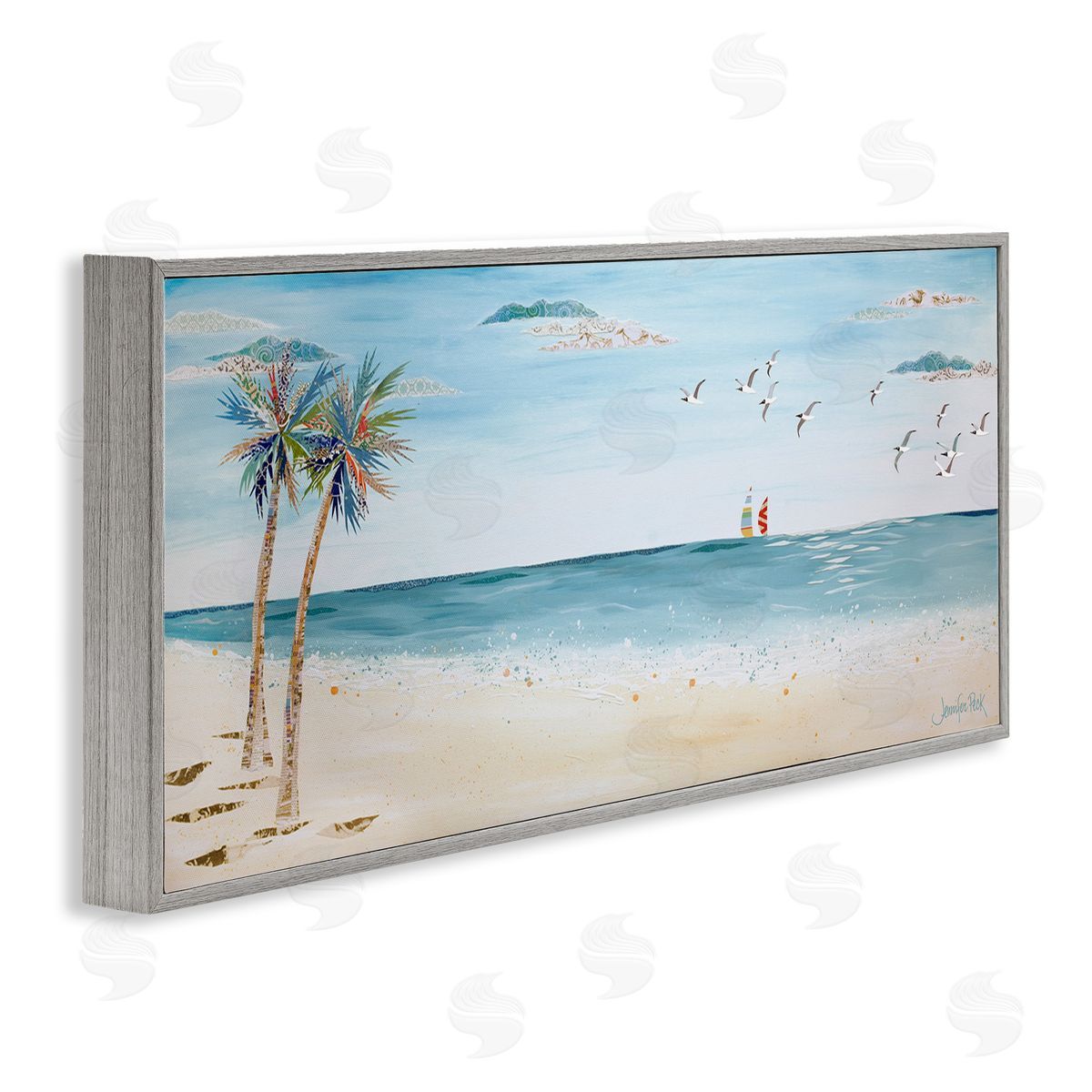 Seagulls and Palm Beach Grey Frame Print Wall Art, Home Decor by Jennifer Peck