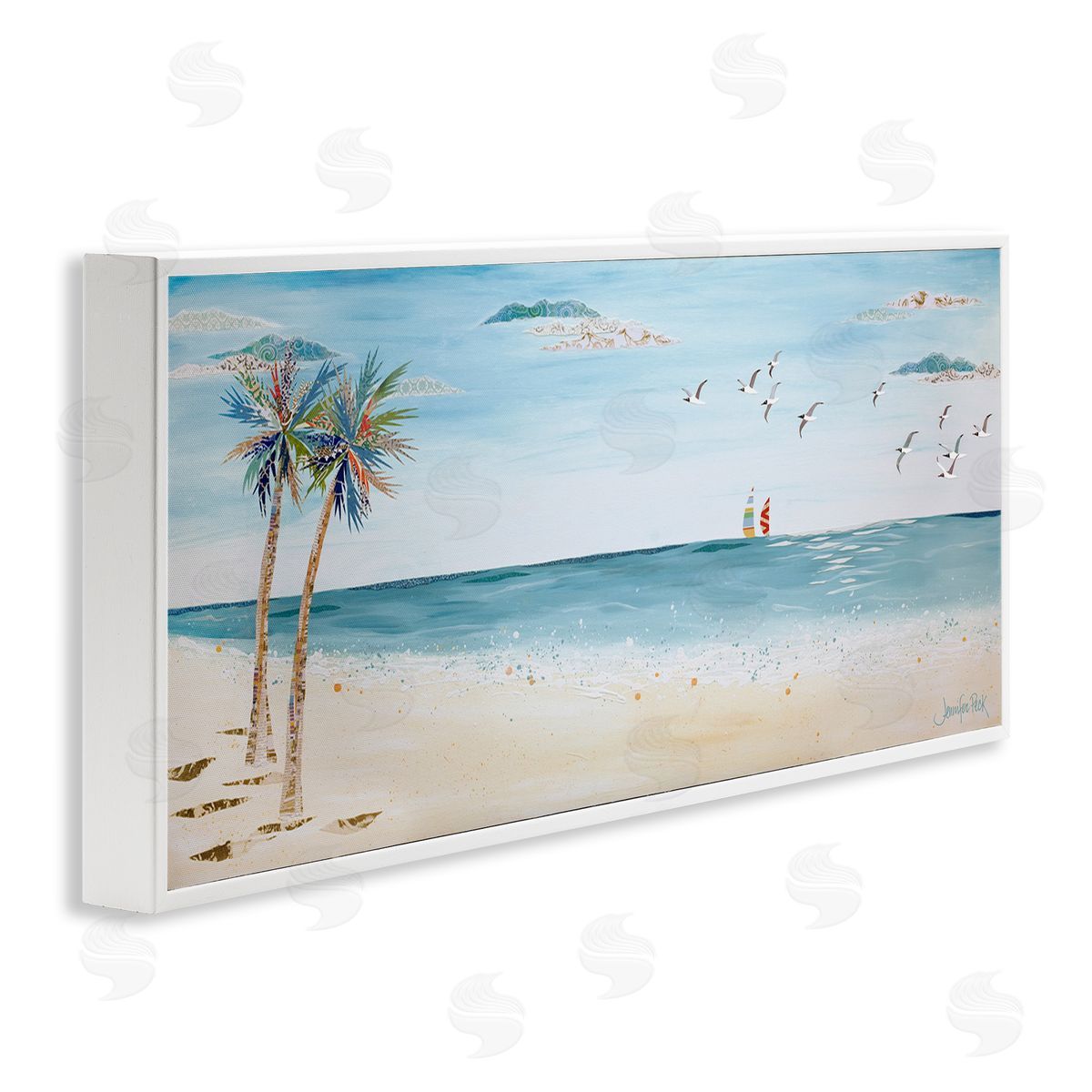 Seagulls and Palm Beach White Frame Print Wall Art, Home Decor by Jennifer Peck