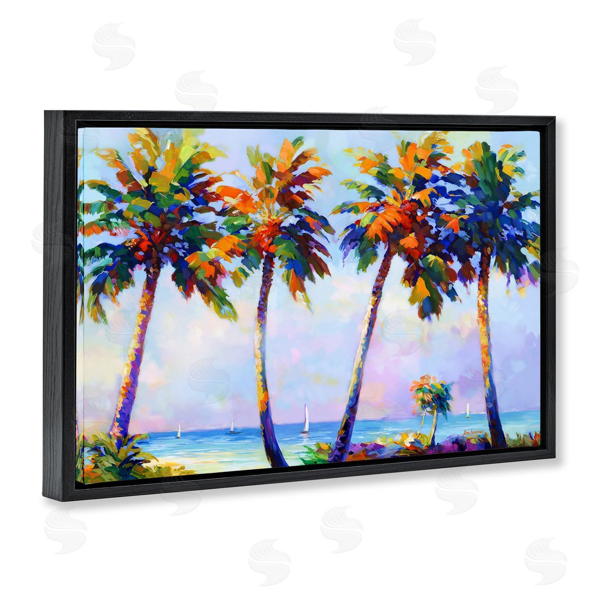 Palm Trees in Sun Warmth Black Floating Frame Canvas Wall Art, Home Decor by Leon Devenice