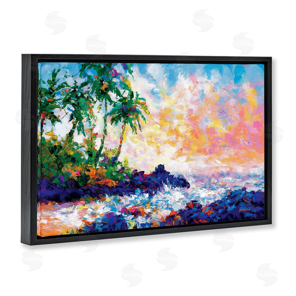 Waves on Tropical Beach Black Floating Frame Canvas Wall Art, Home Decor by Leon Devenice