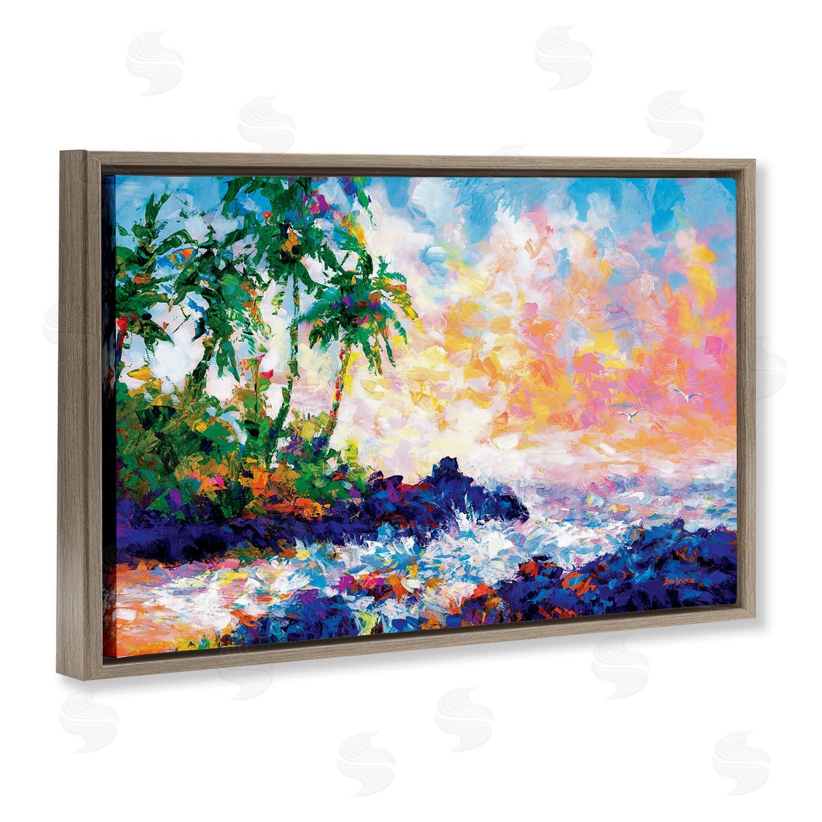 Waves on Tropical Beach Brown Floating Frame Canvas Wall Art, Home Decor by Leon Devenice