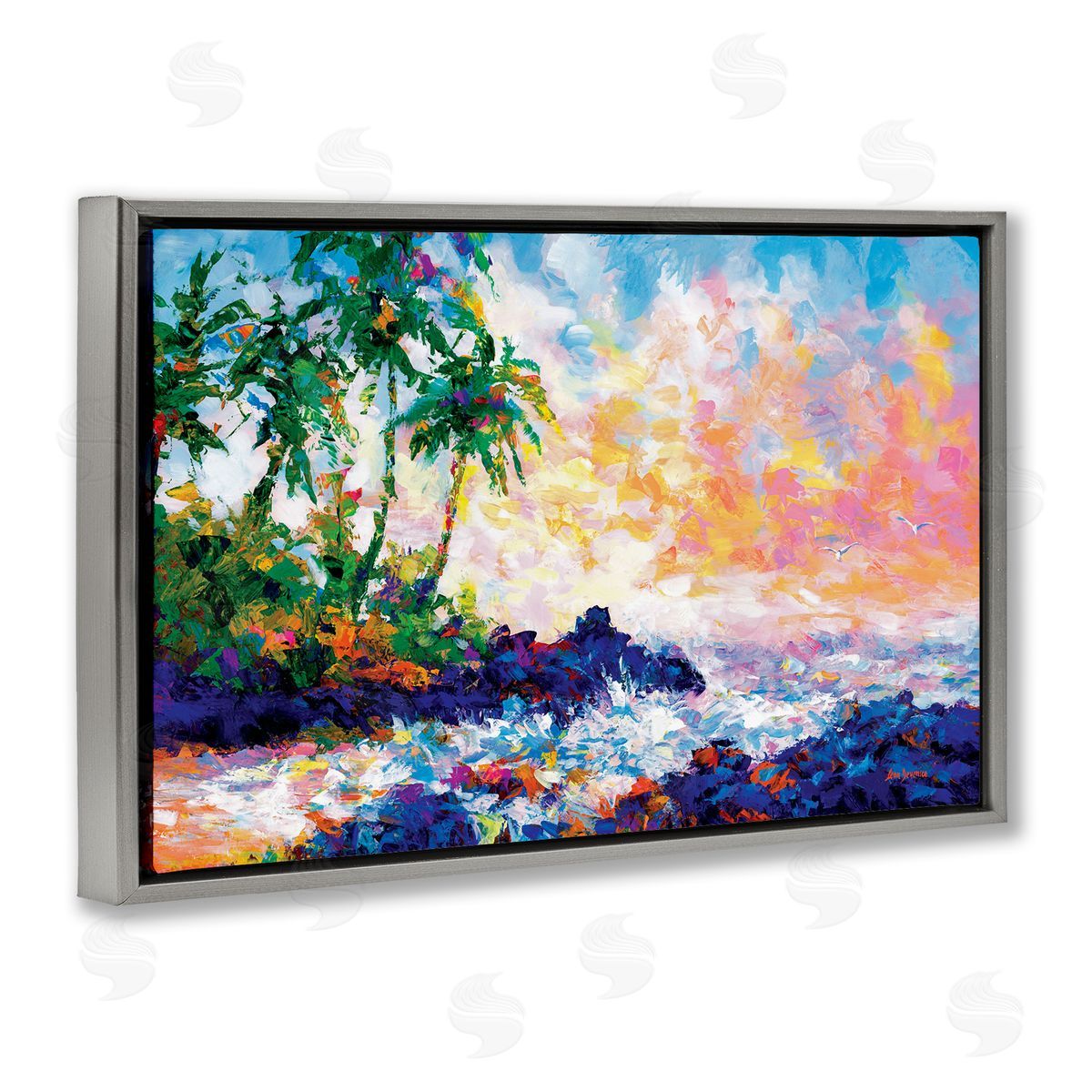 Waves on Tropical Beach Grey Floating Frame Canvas Wall Art, Home Decor by Leon Devenice