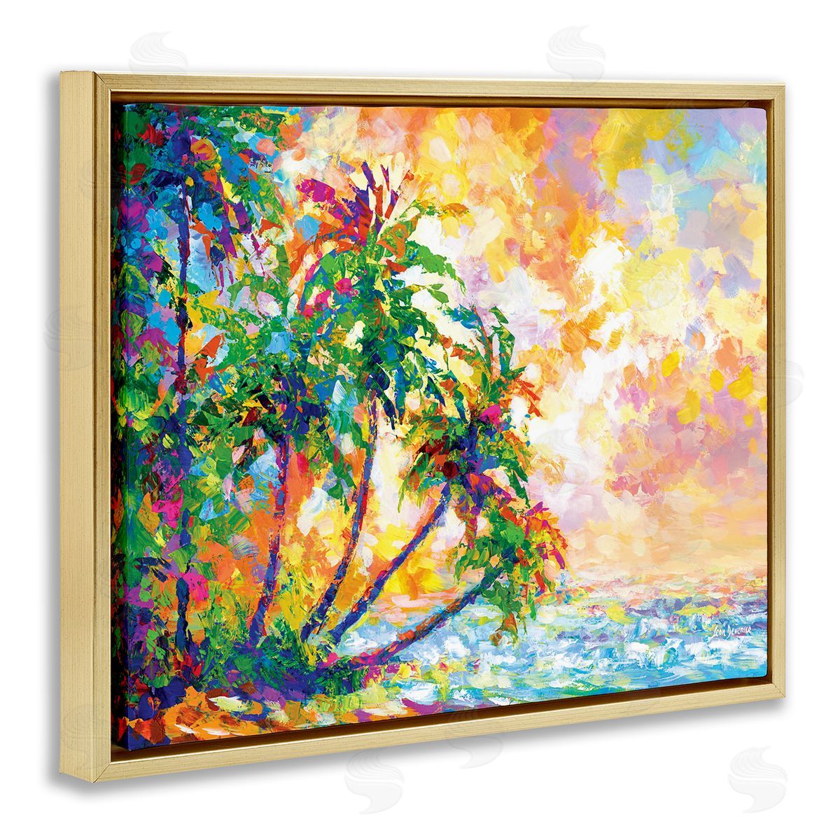 Full Beach Palms Gold Floating Frame Canvas Wall Art, Home Decor by Leon Devenice