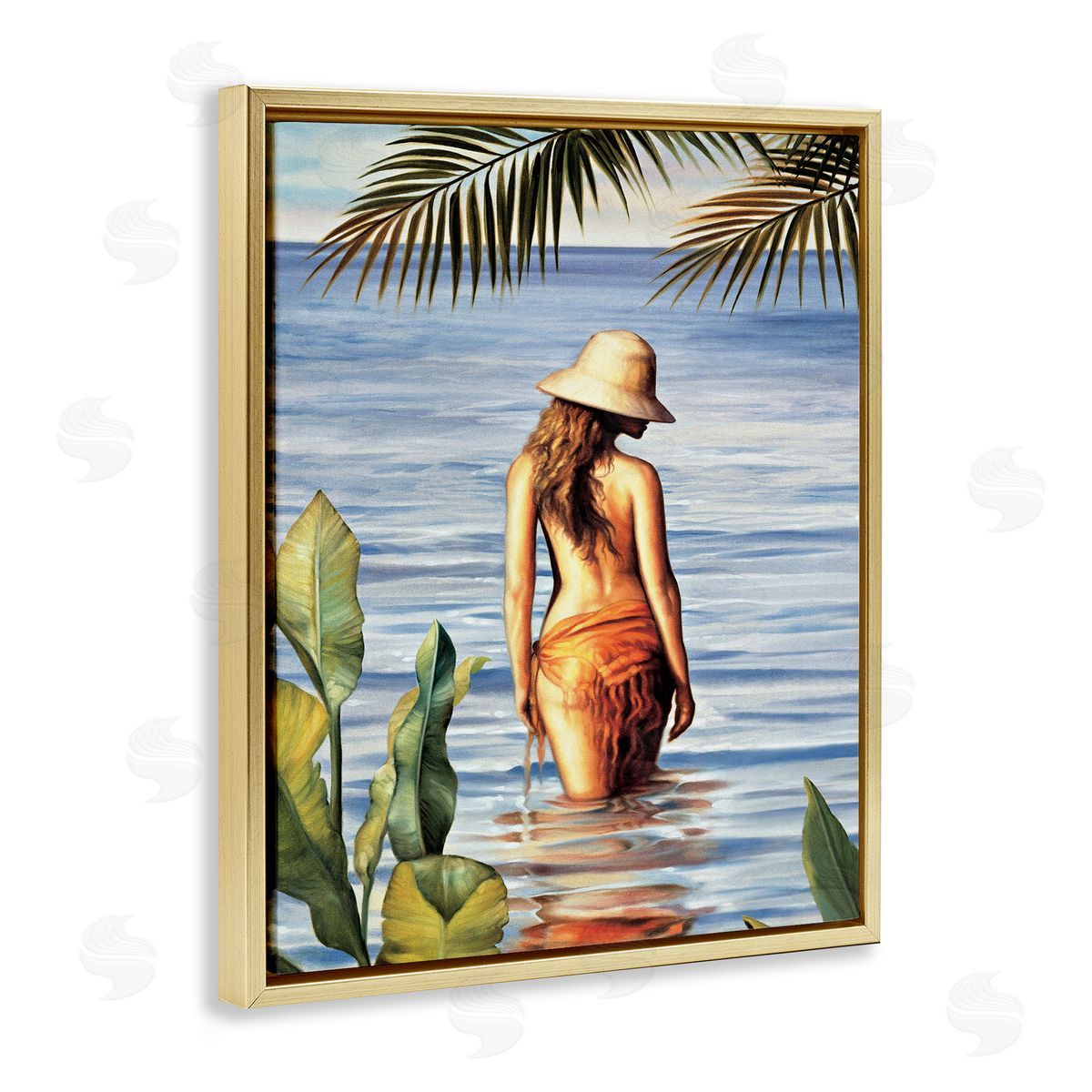 Migdalia Arellano Woman Wading Beach Gold Floating Frame Canvas Wall Art Print