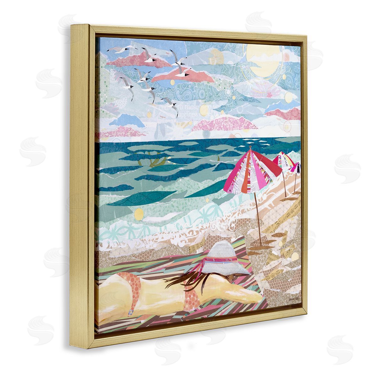 My Happy Place Collaged Gold Floating Frame Canvas Wall Art, Home Decor by Jennifer Peck